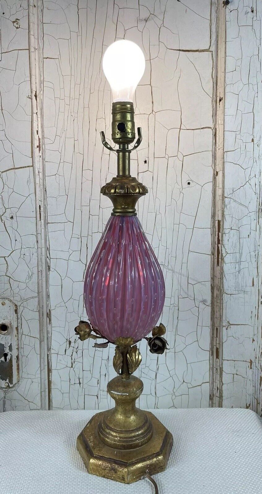VTG Hollywood Regency Pink Glass Table Lamp MCM Boudoir Bubble Glass Maximalism