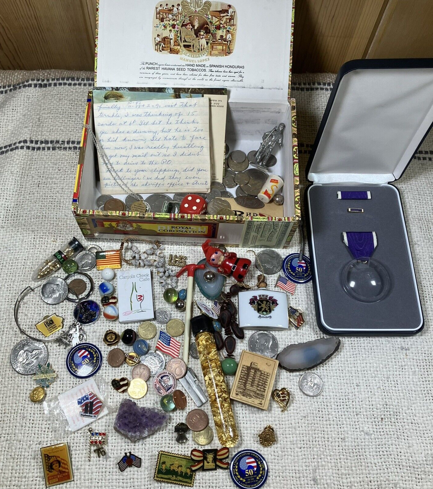 Vintage to Now Junk Drawer Estate Lot Coins Military Patriotic Pins Marbles Gold