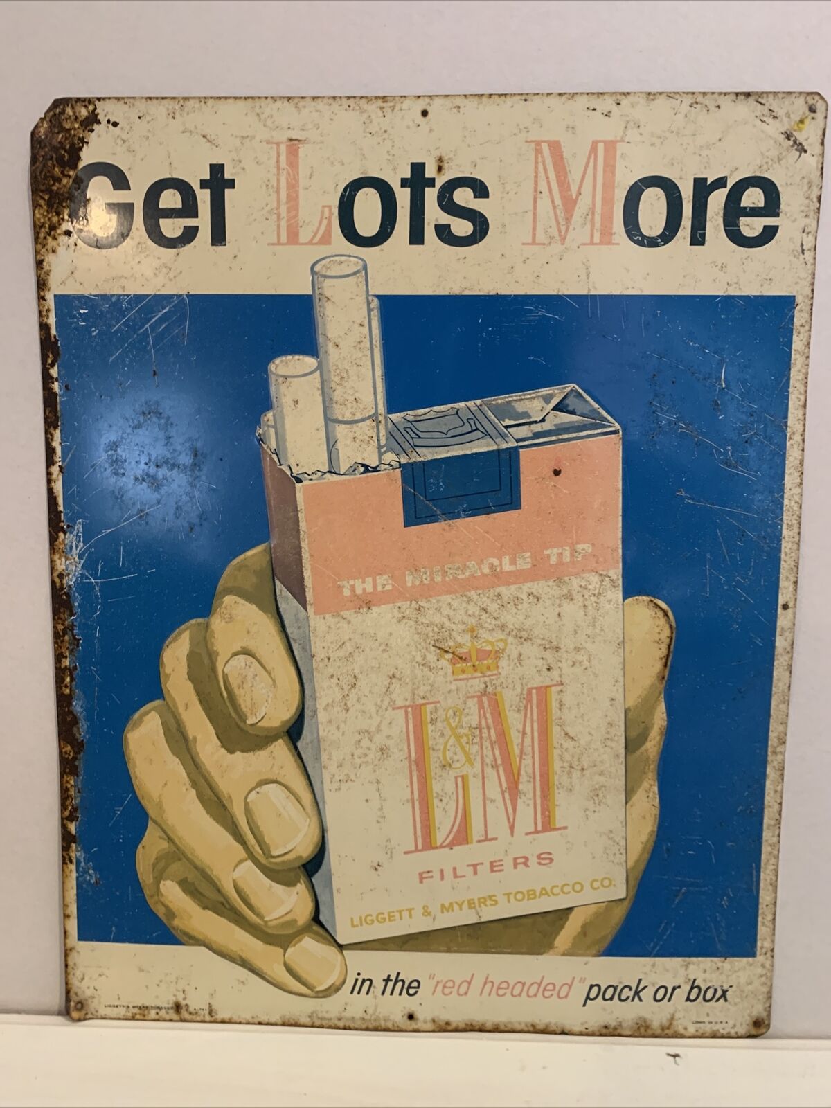 Original Tin LM Filters Cigarette Tobacco Poster Sign 1950's “Get Lots More”