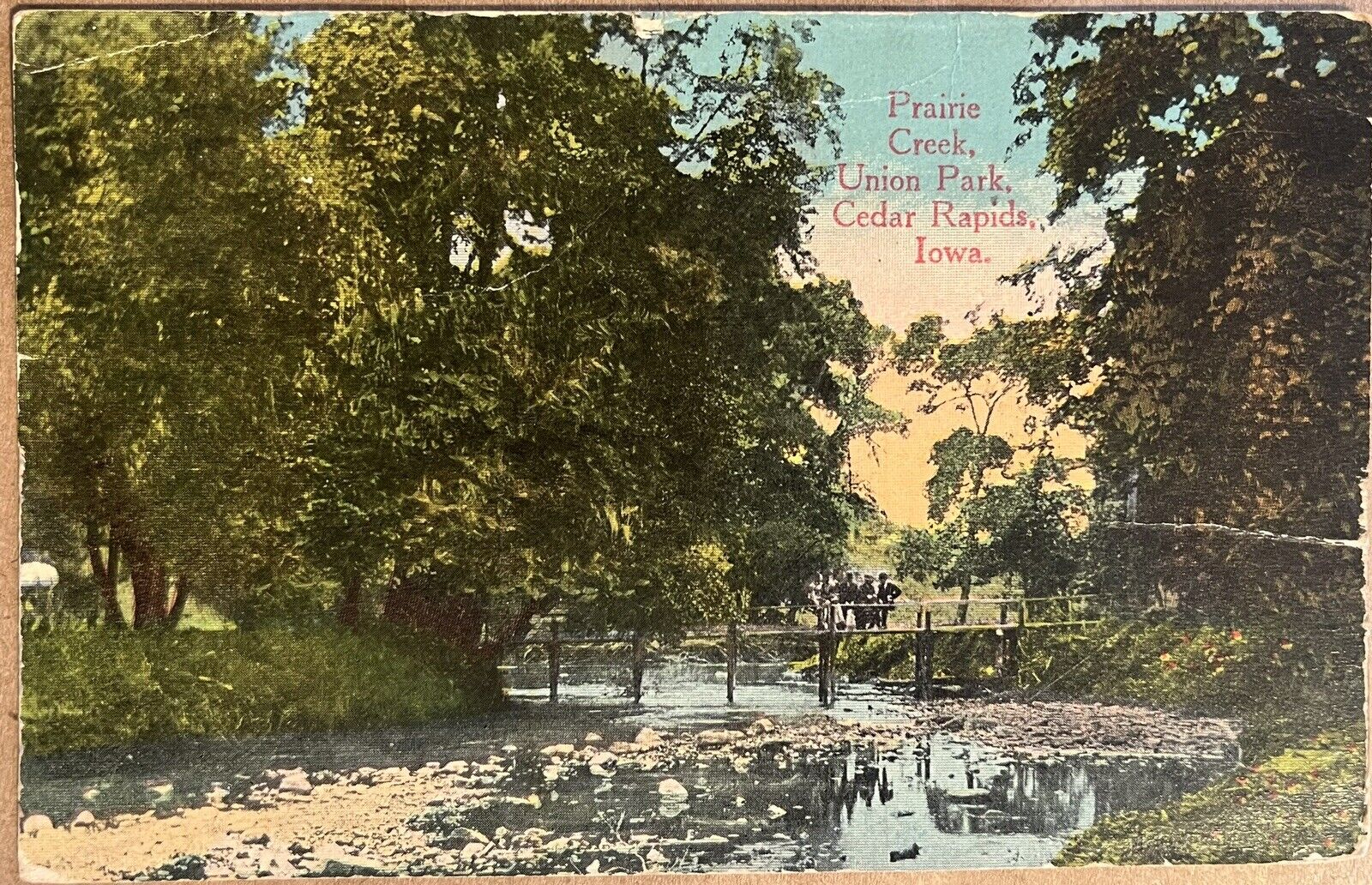 Cedar Rapids Iowa Union Park Prairie Creek People on Bridge VTG Postcard c1910