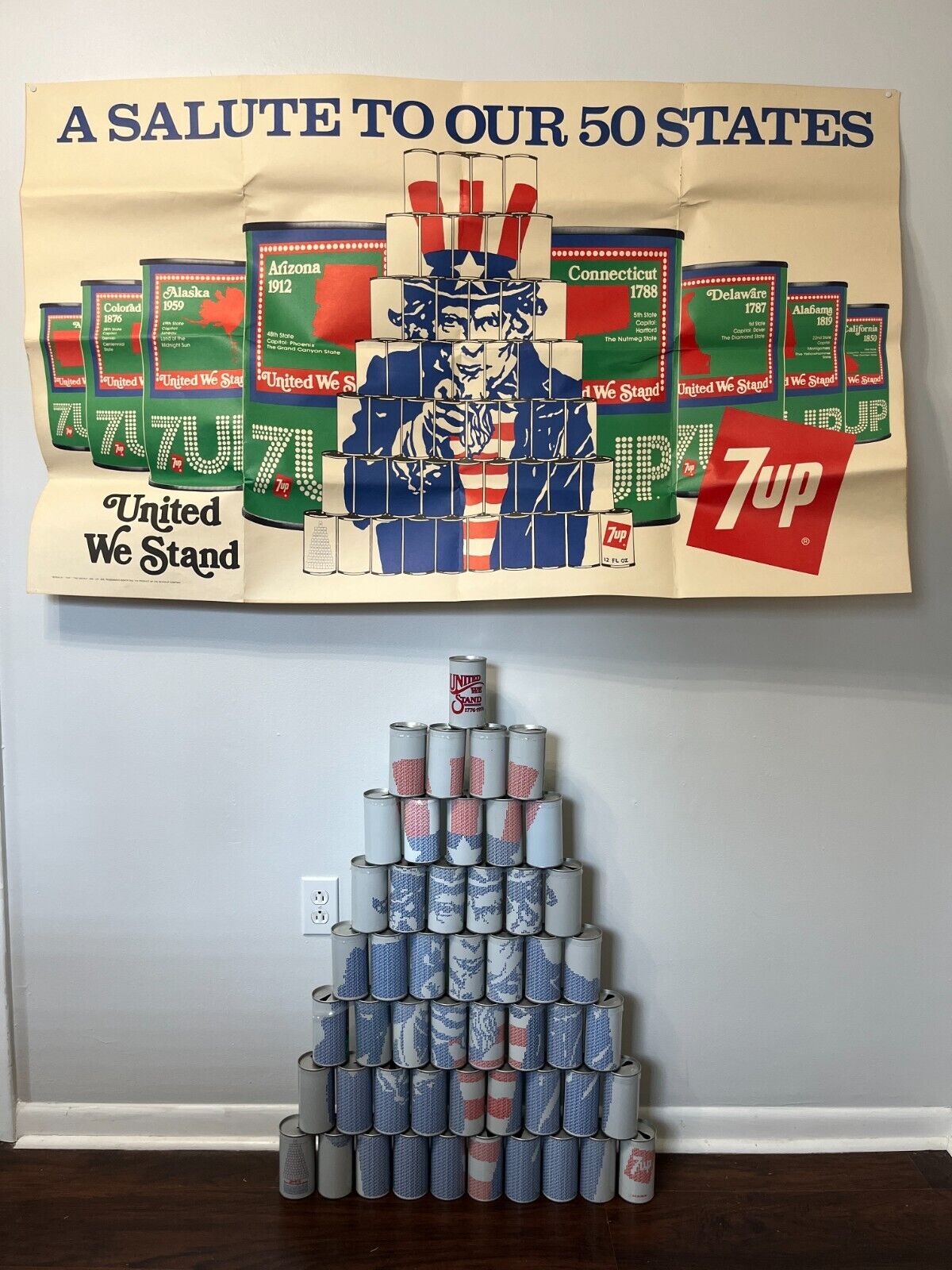 7UP Poster RARE & Bicentennial Cans Complete Set 50 States Vintage Large 1976