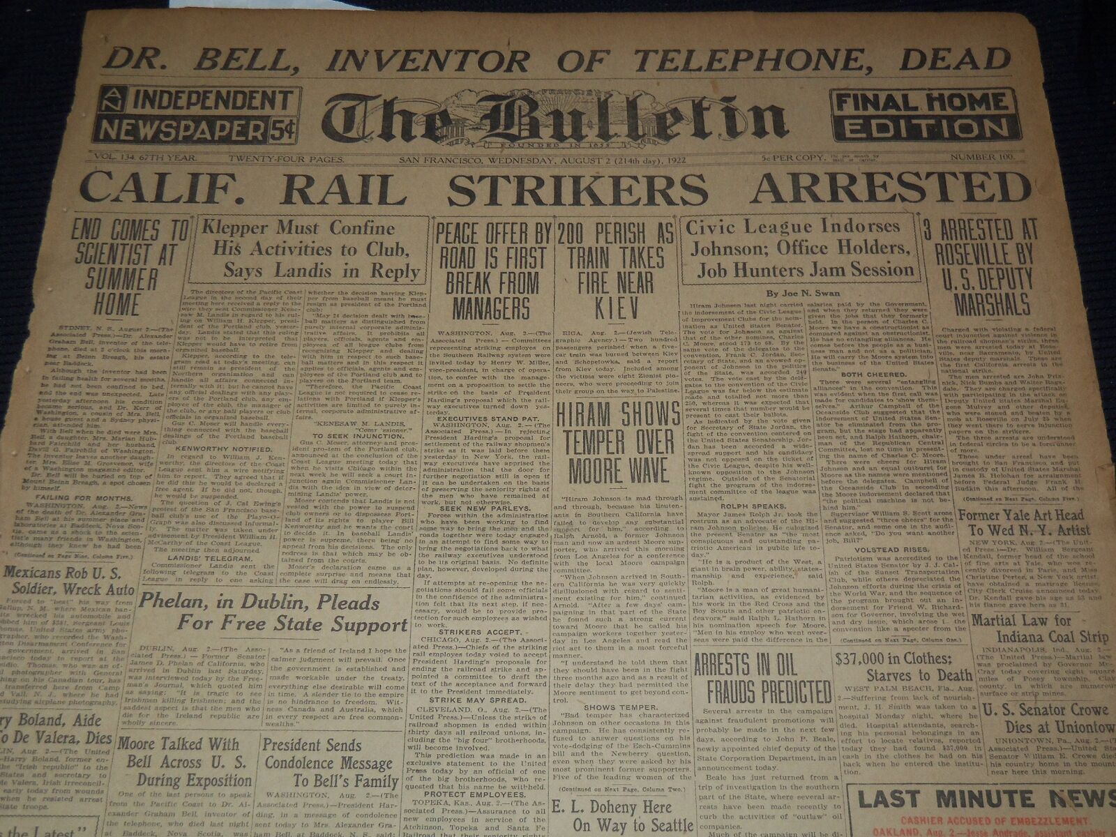 1922 AUGUST 2 SAN FRANCISCO BULLETIN - DR. BELL INVENTOR OF PHONE DEAD - NT 9567