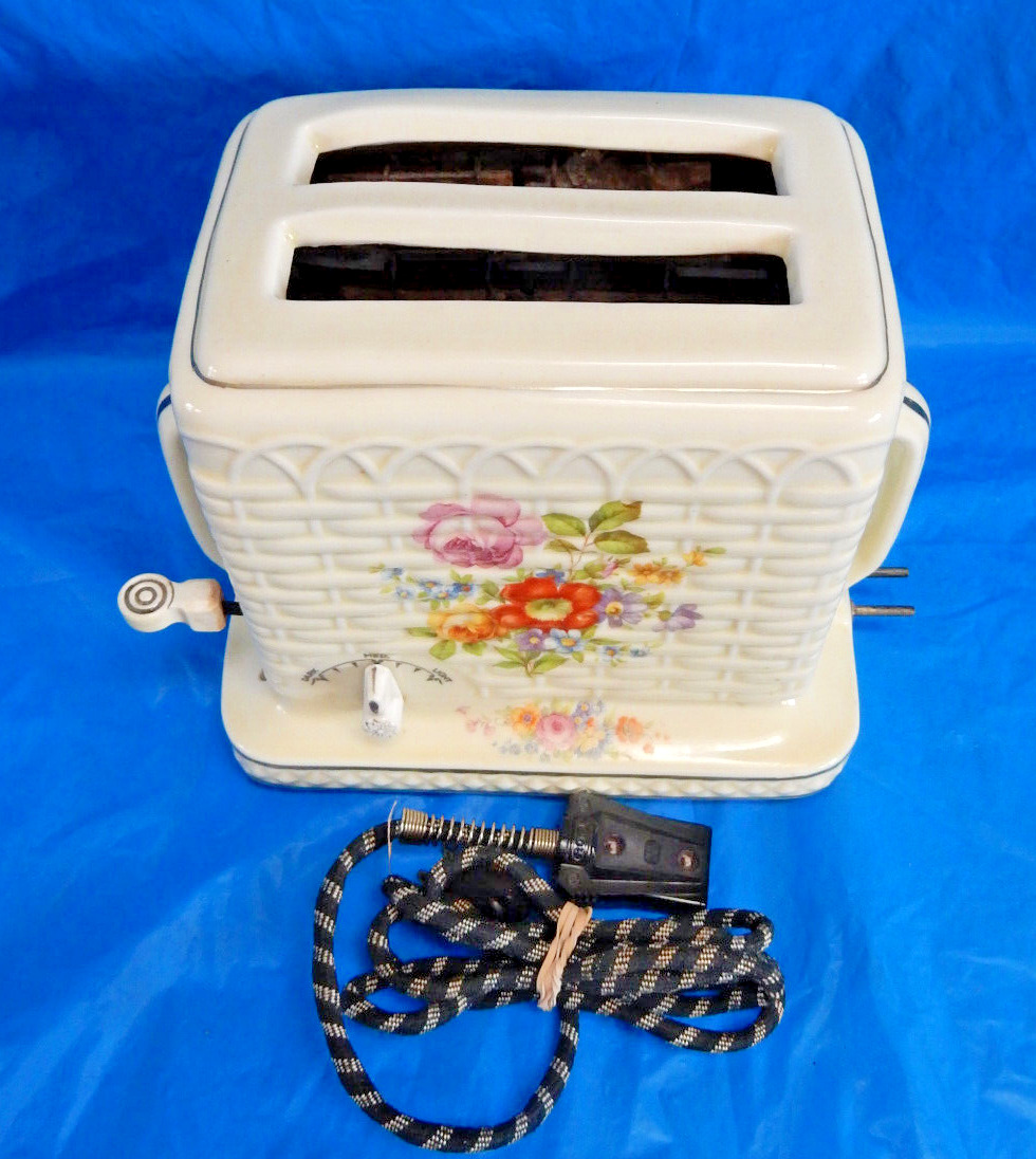 1930's PORCELIER CERAMIC BASKETWEAVE FLORAL TOASTER WITH CORD - GREAT CONDITION