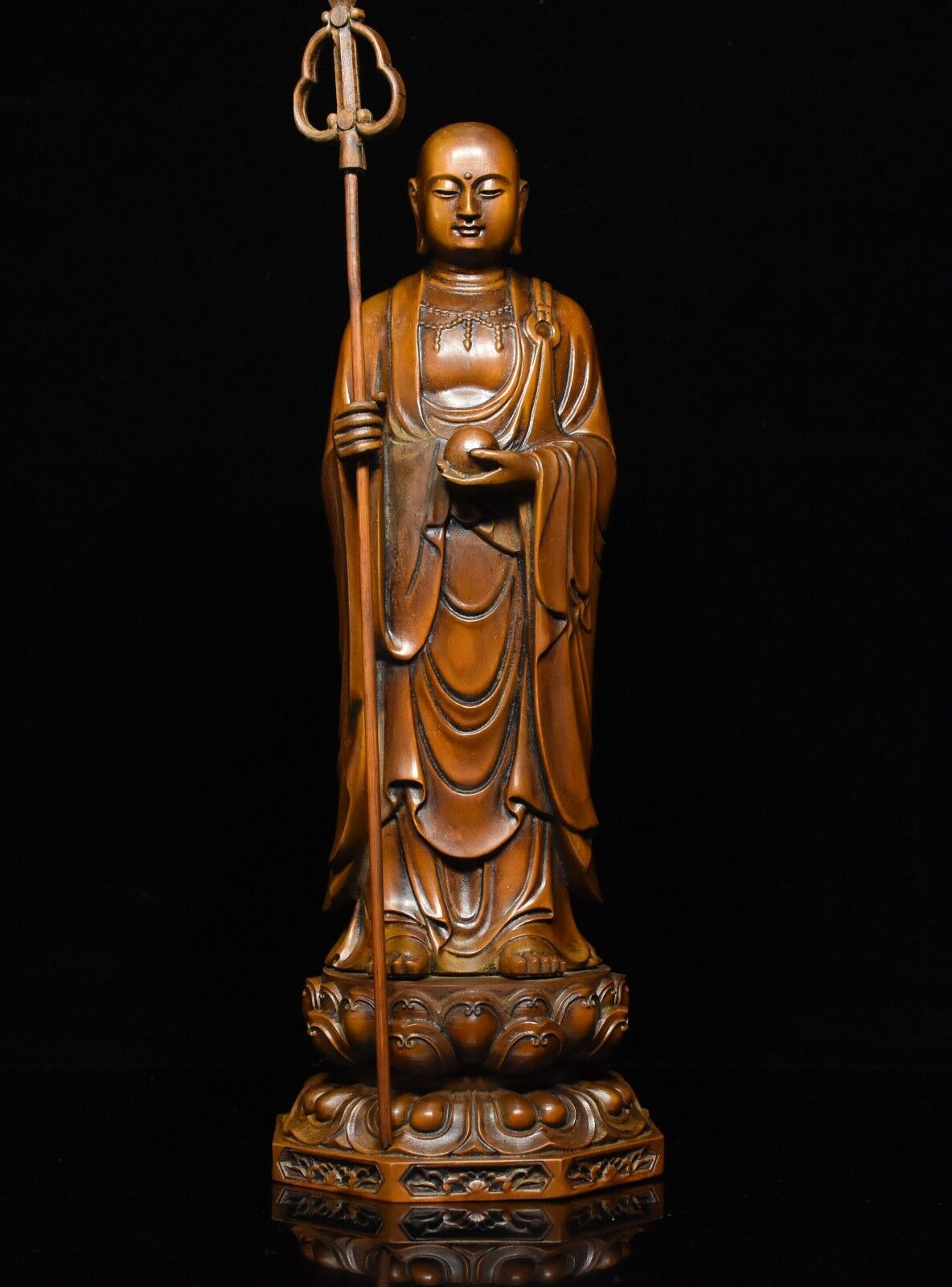 Chinese Buddhism Boxwood wood Carve stand Ksitigarbha Boddhisattva Buddha Statue