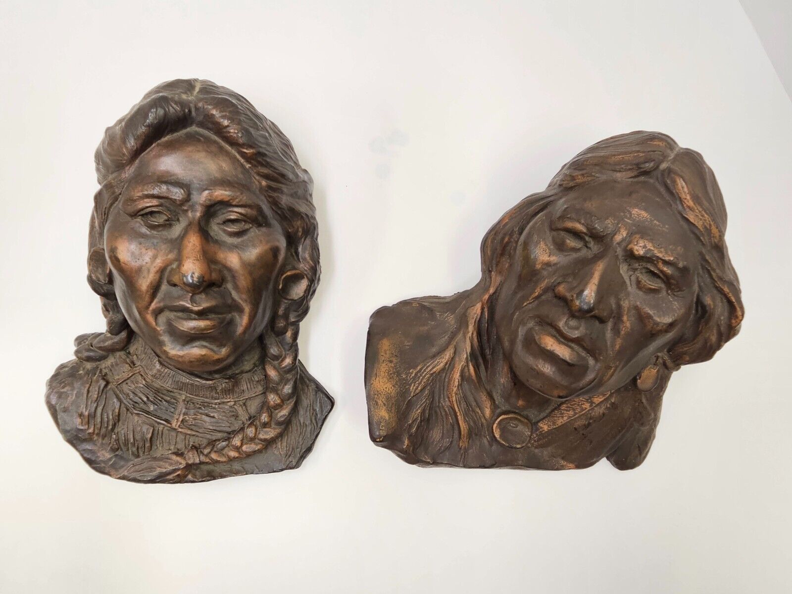 Pair VTG Native Chief Bust Sculpted Foam Figures Bronze Finish Signed Nielsen