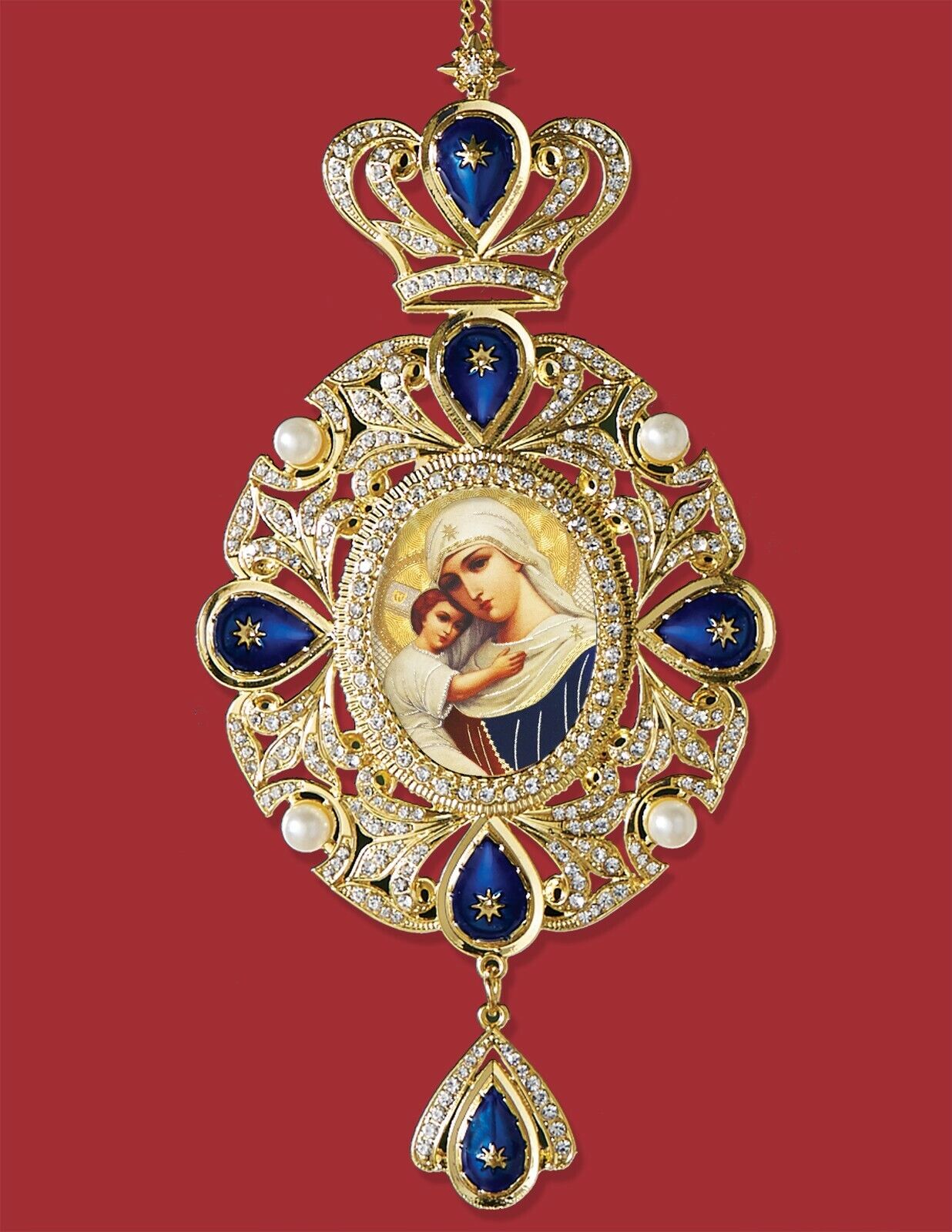 Virgin Mary and Child Christ Icon Ornament W Pearls Panagia Style Room Decor