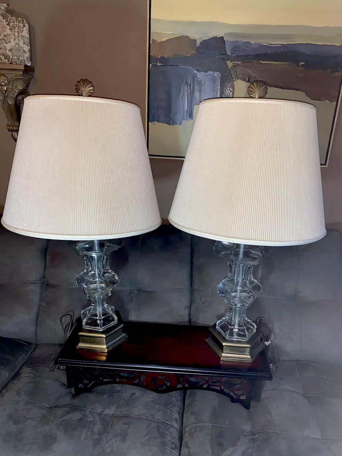 MCM FREDERICK COOPER Lamps W/Orig Signed Shade Light BRASS CRYSTAL GLASS Orb 2