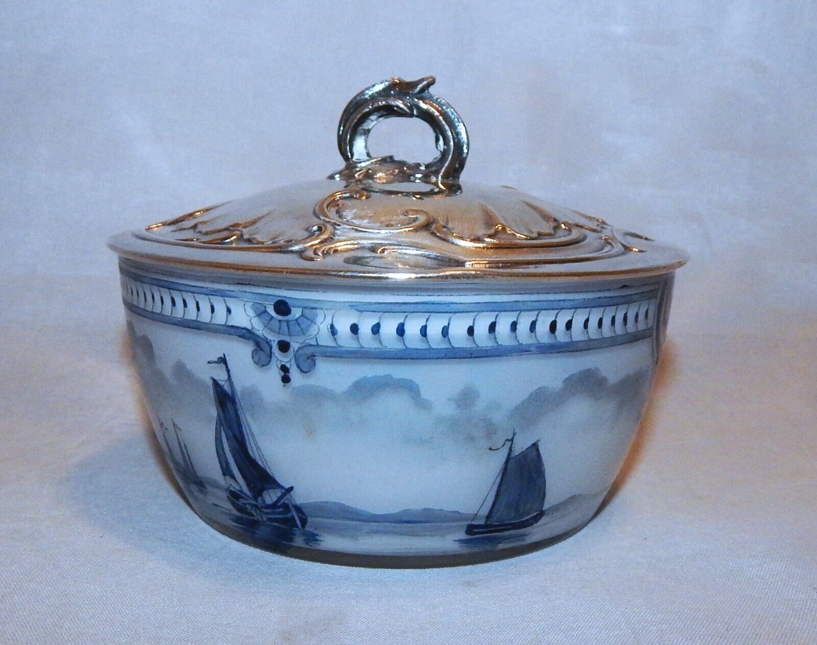 Antique Hand Painted Opalescent Glass Powder Jar Silver Lid Windmill Ships