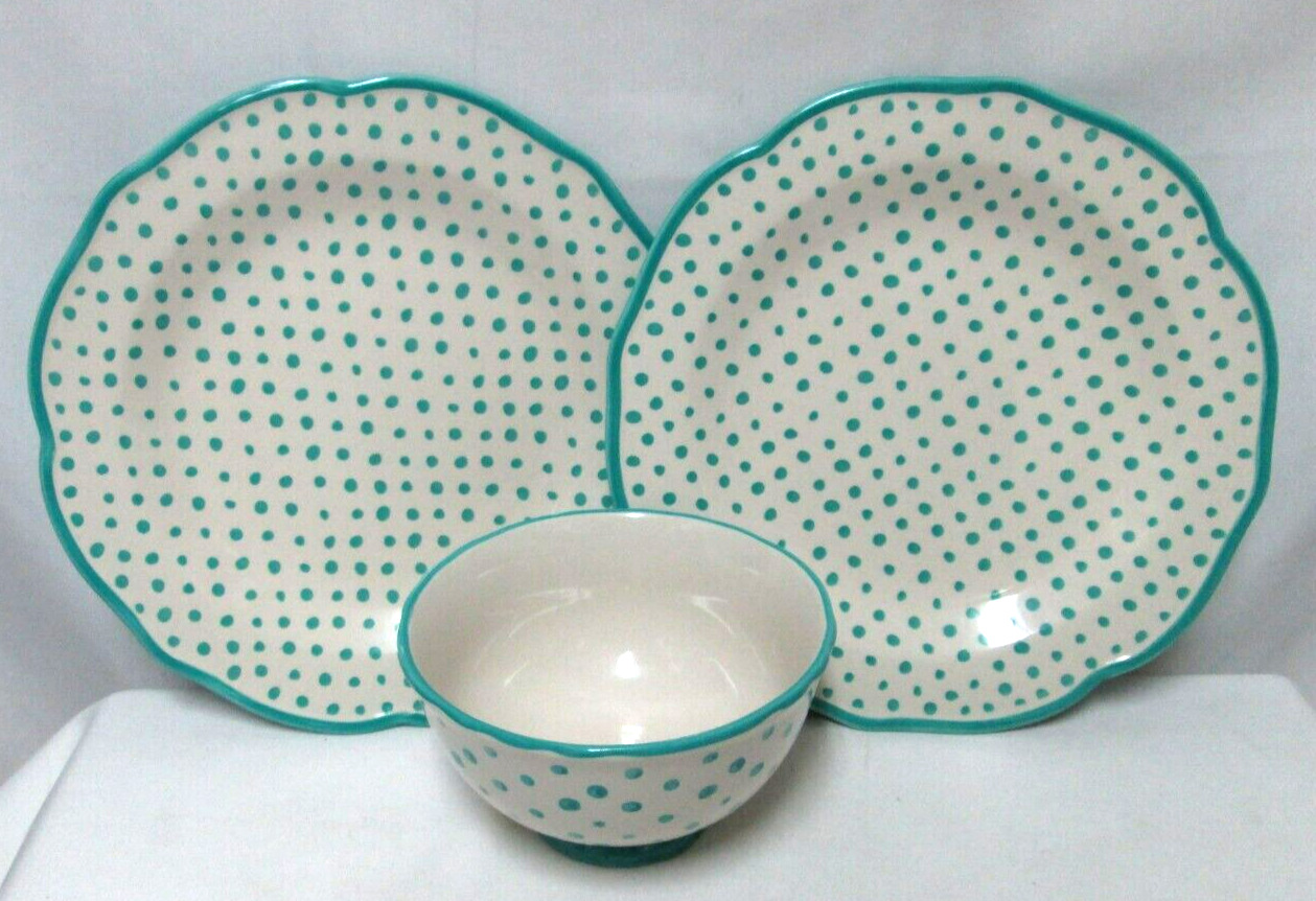 Pioneer Women Blue Polka Dot Retro Set of  3 1 Bowl & 2 Dinner Plates Micro Dish
