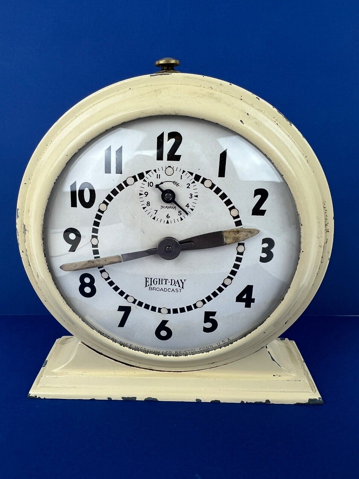 Ingraham 8 Day Tabletop Clock Cast Metal Housing Wind Up Tested USA Works