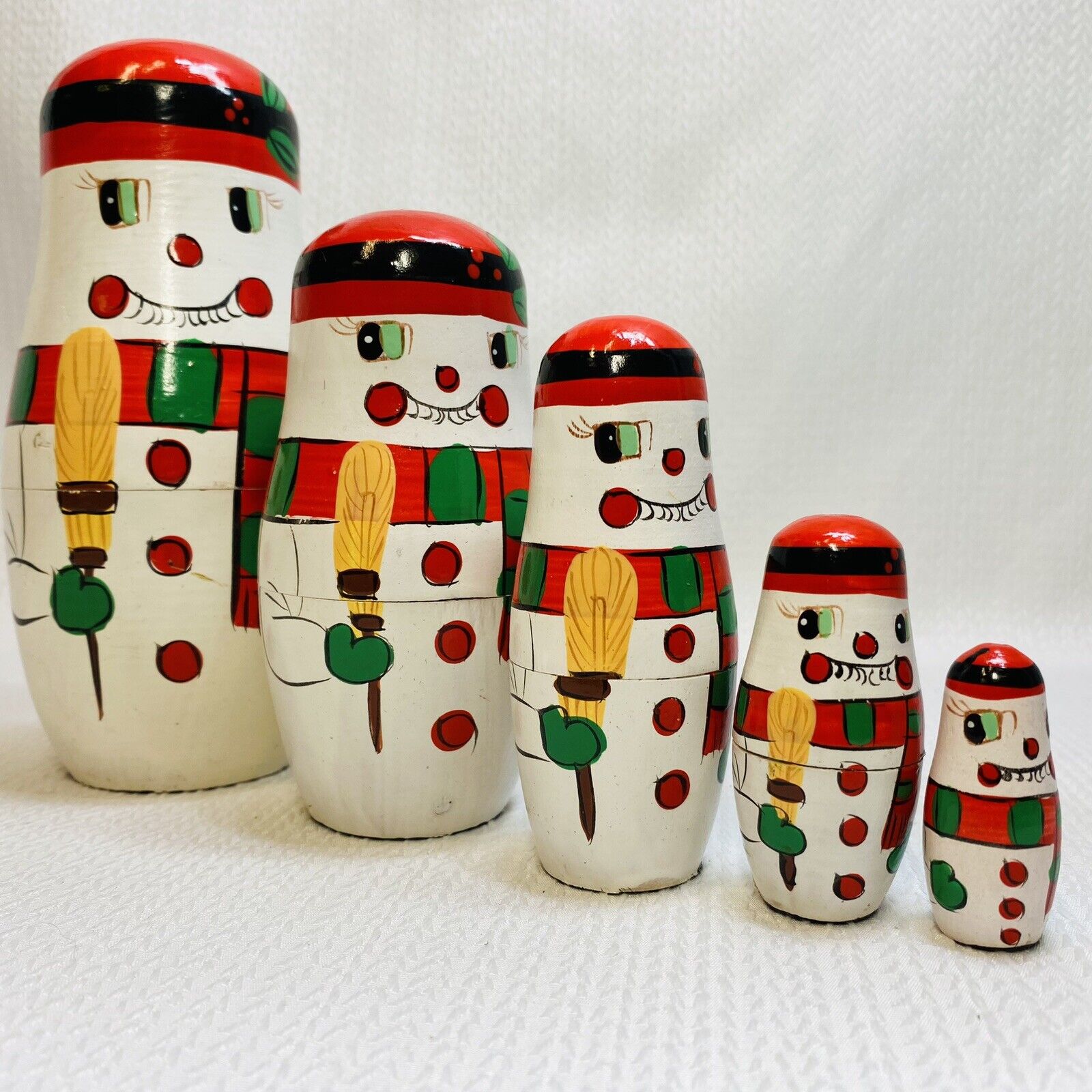 Nesting Snowman Hand Painted Stacking Wooden Dolls Vtg Winter