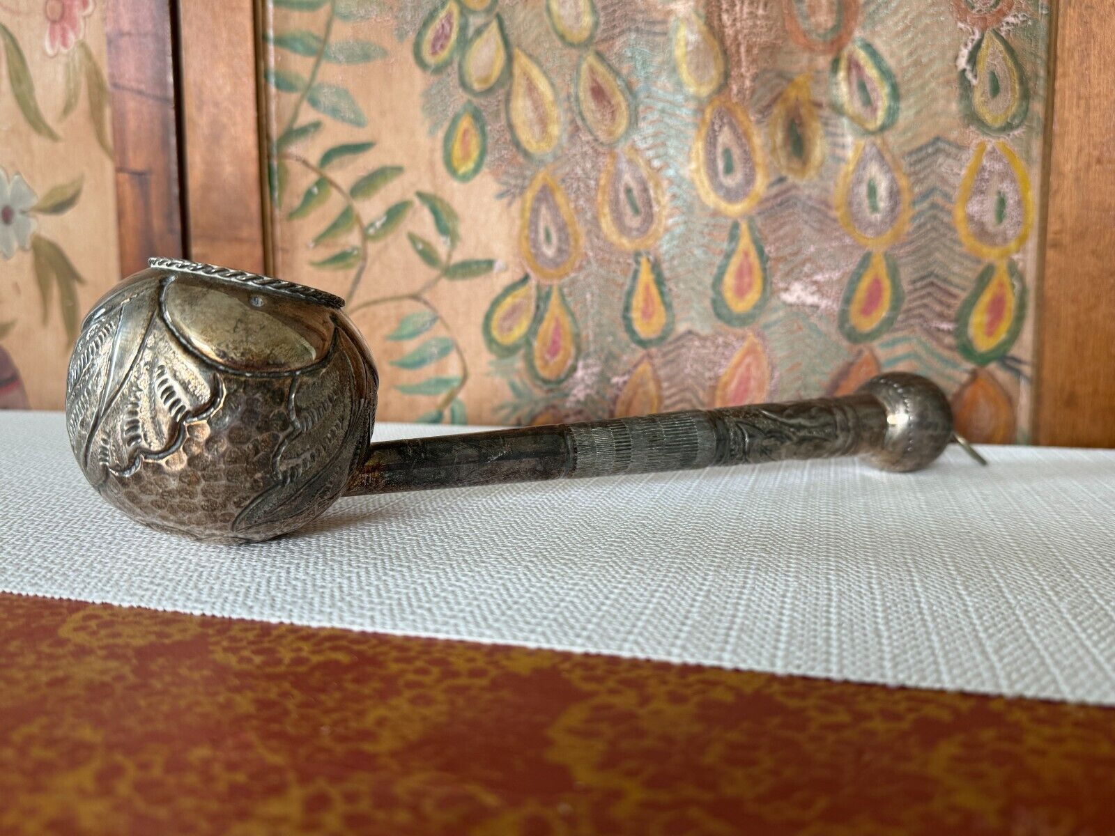 Antique Ceremonial Middle Eastern Hammered Silver Over Copper Ladle