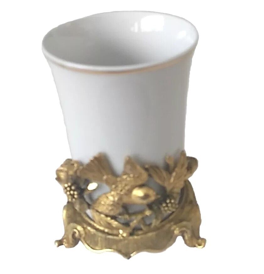Vintage Matson Gold Tone Pweter Bird Flowers Footed Holder Porcelain Cup 4.25\