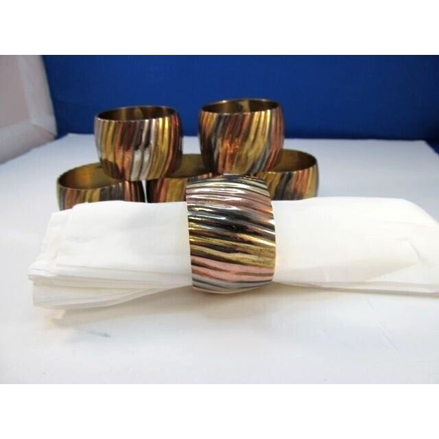 Vintage Brass Copper Silver Ribbed Napkin Ring Holders Set of 6
