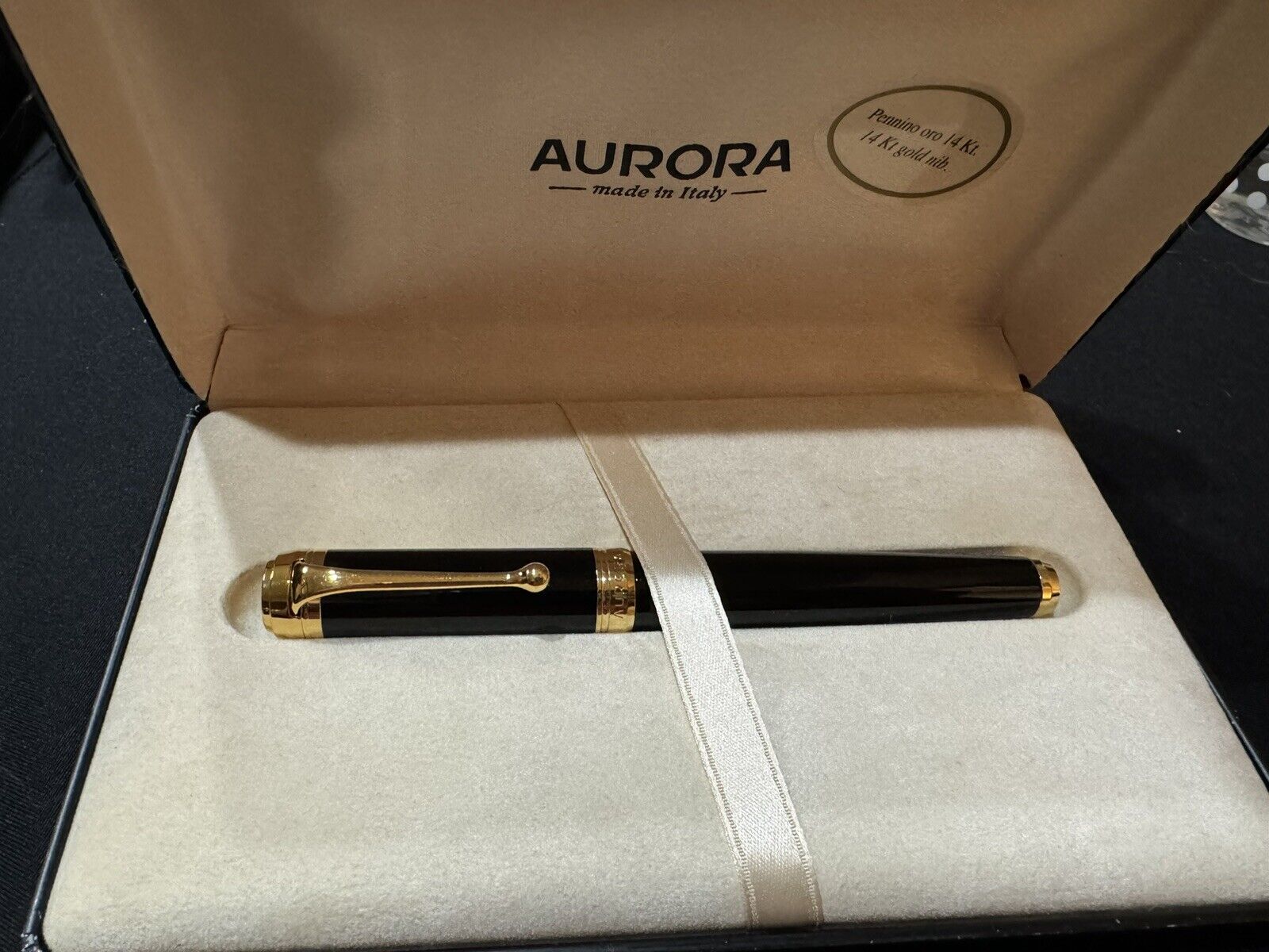 Aurora Italy Talentum Fountain Pen 14k Medium Nib Black With Gold Trim, In Case