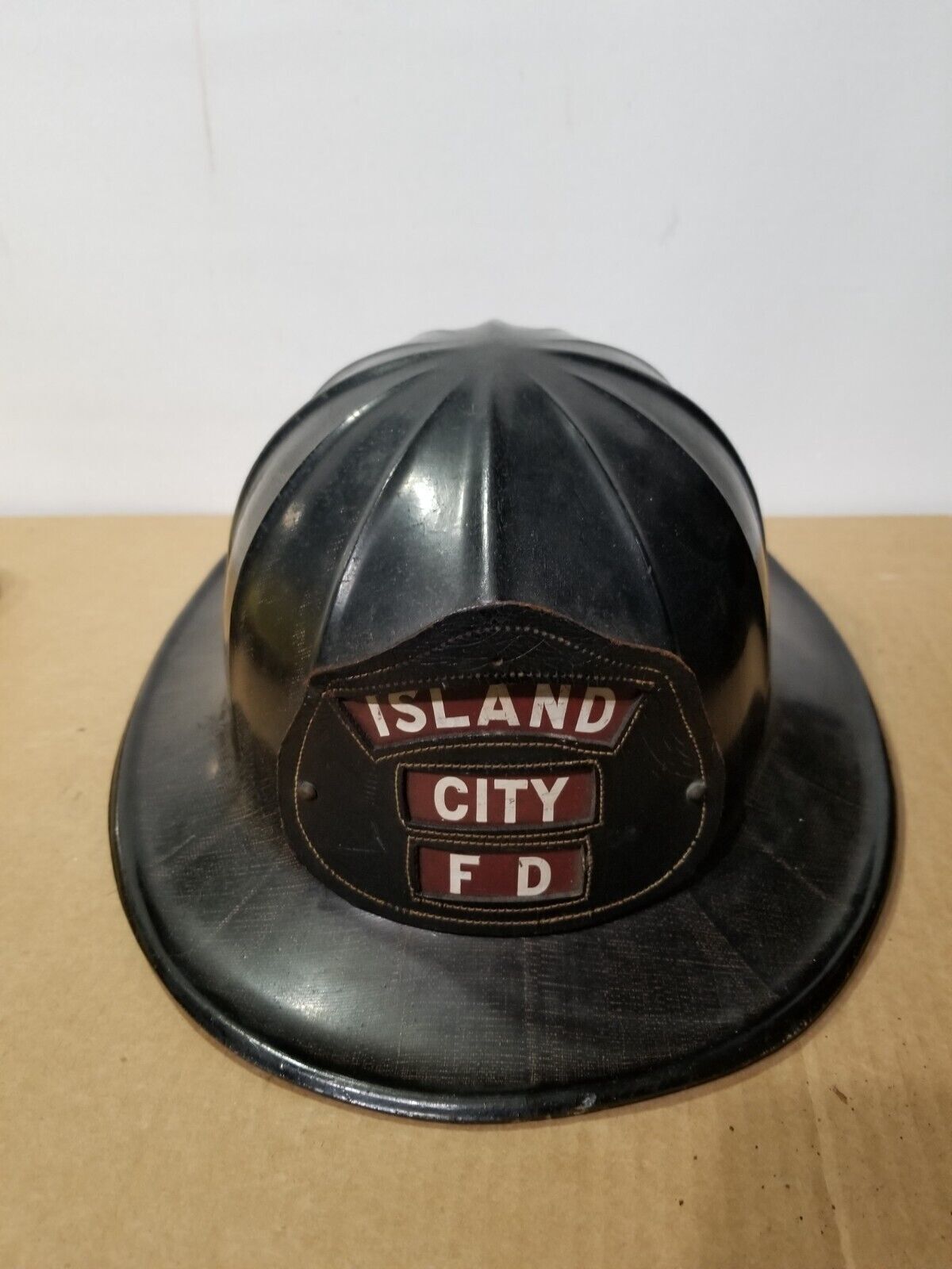 Vintage Cairns Black Fire Helmet W/ Leather Shield Island City Fire Dept