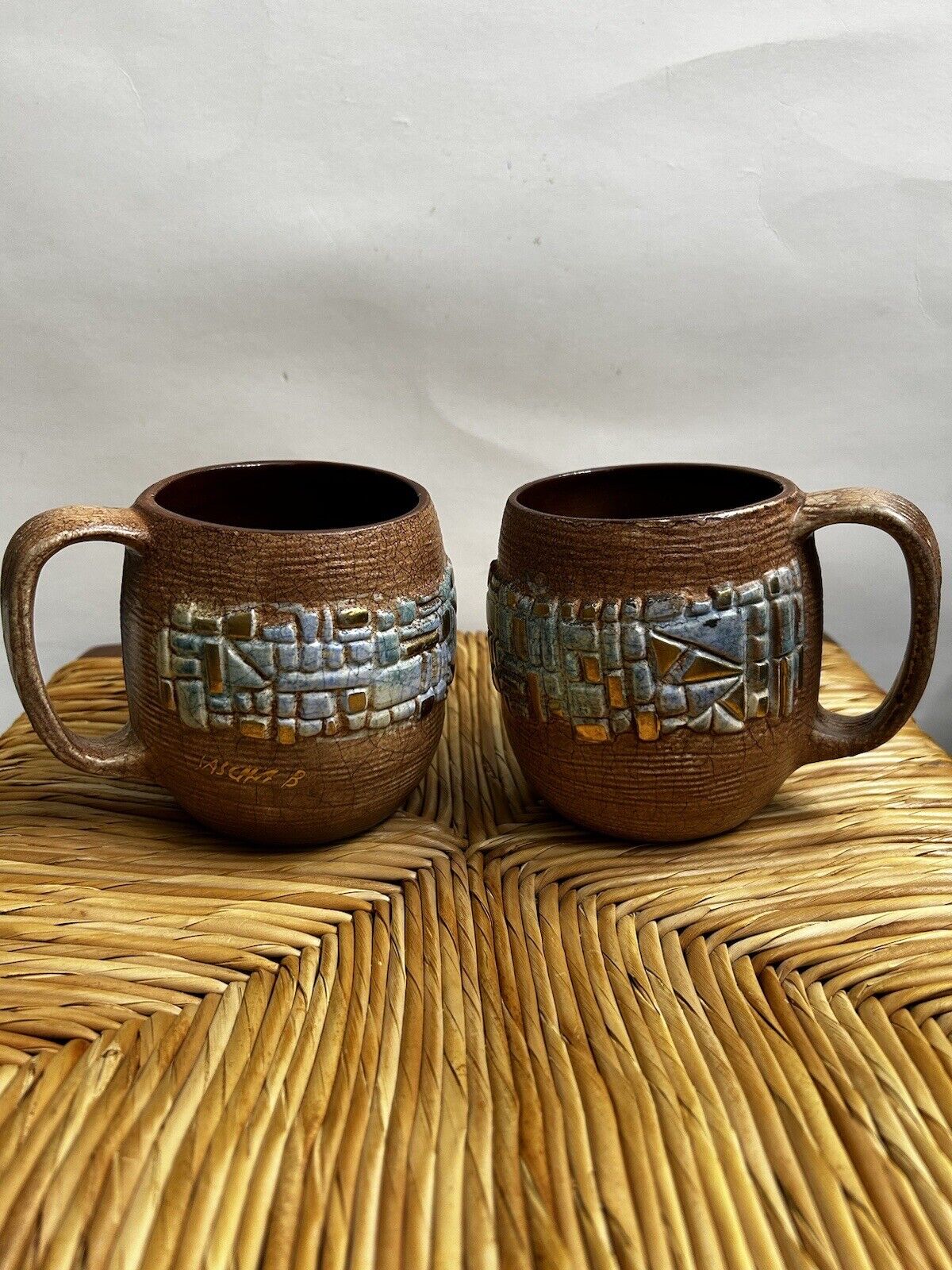 2 Rare Sascha Brastoff Brown Blue Gold Abstract Mug  Signed M62 Calif Pottery