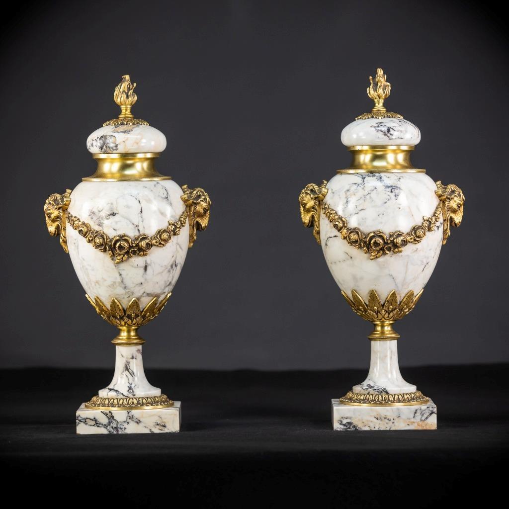 Pair of Urns |Two French Antique Cassolettes White Marble and Gilt Bronze 17.7