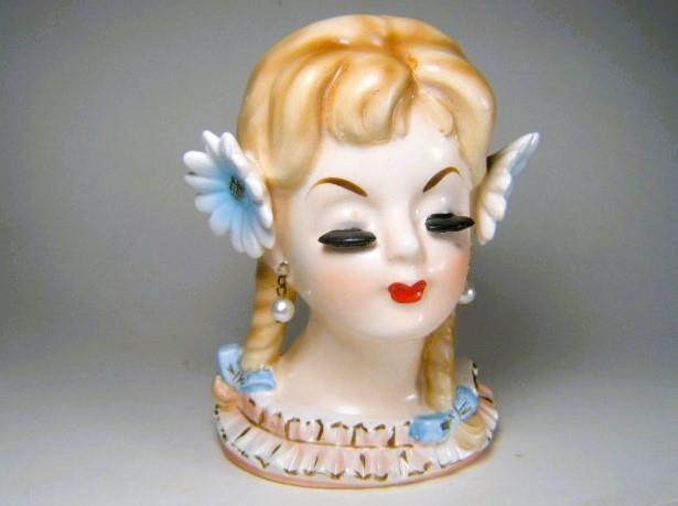 TY-NEE Lady Head Vase Swiss Miss Little Sis Blonde Braids in Pink with Daisies