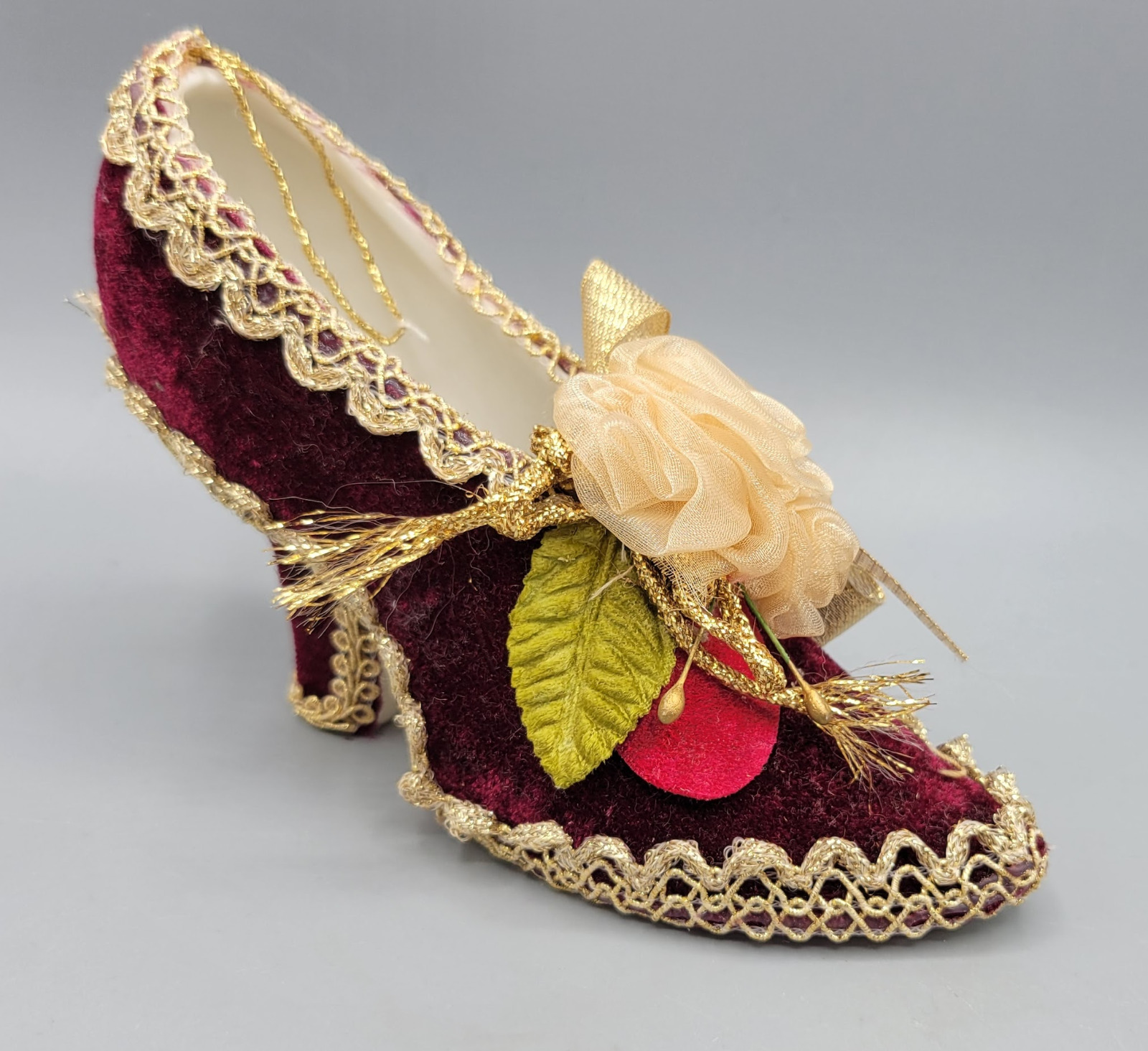 Vintage Red Velvet And Gold Lace Flower Floral Victorian Shoe Ornament