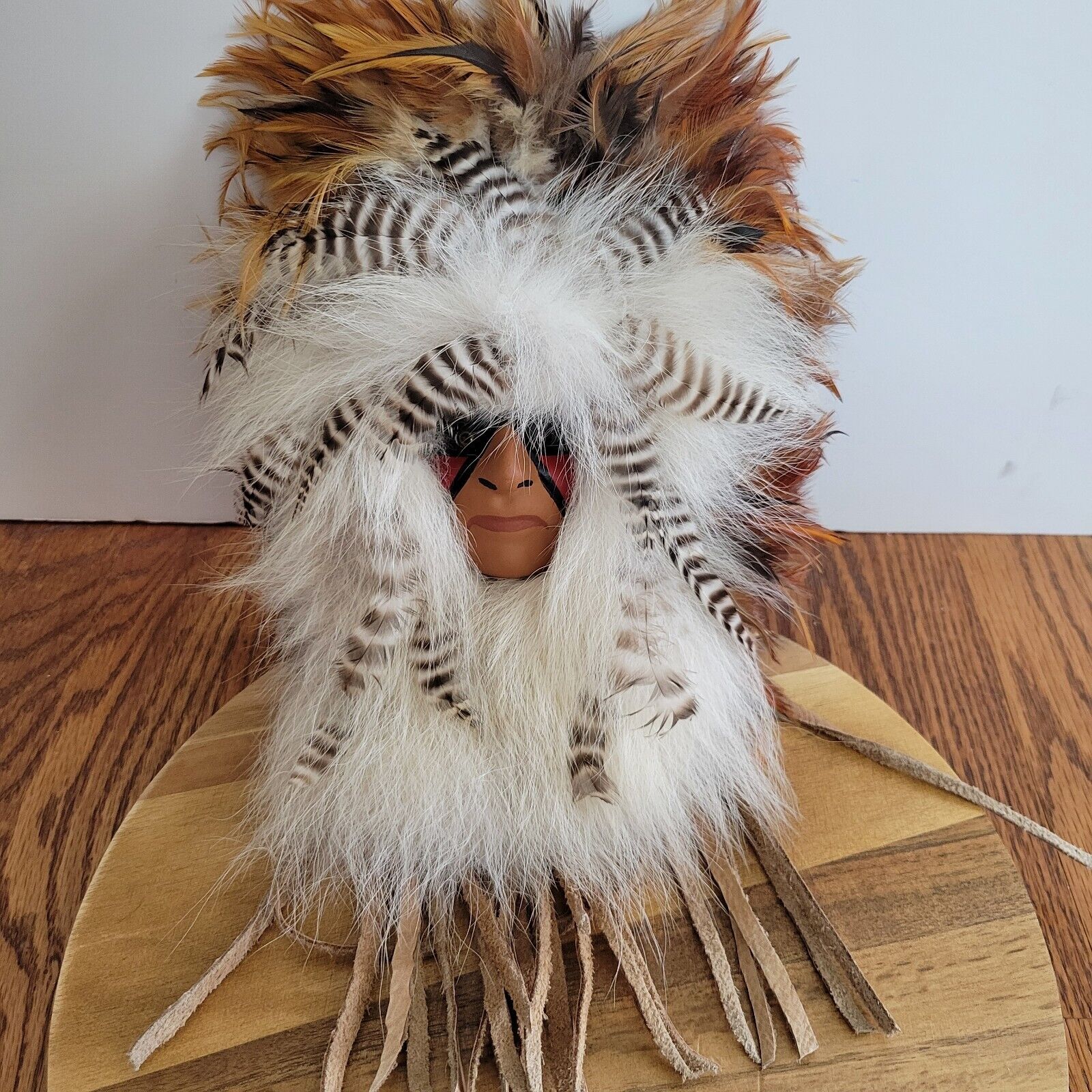Native American Spirit Mask/Feathers/White Fur/Leather/Wall Hanging Hand Painted