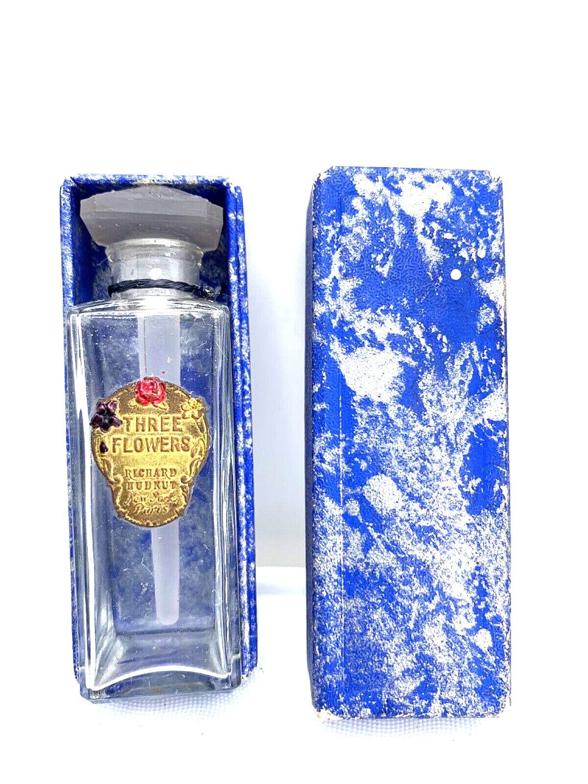 Petite  Antique perfume bottle w/box. Three Flowers,  Richard Hudnut.  c. 1910.