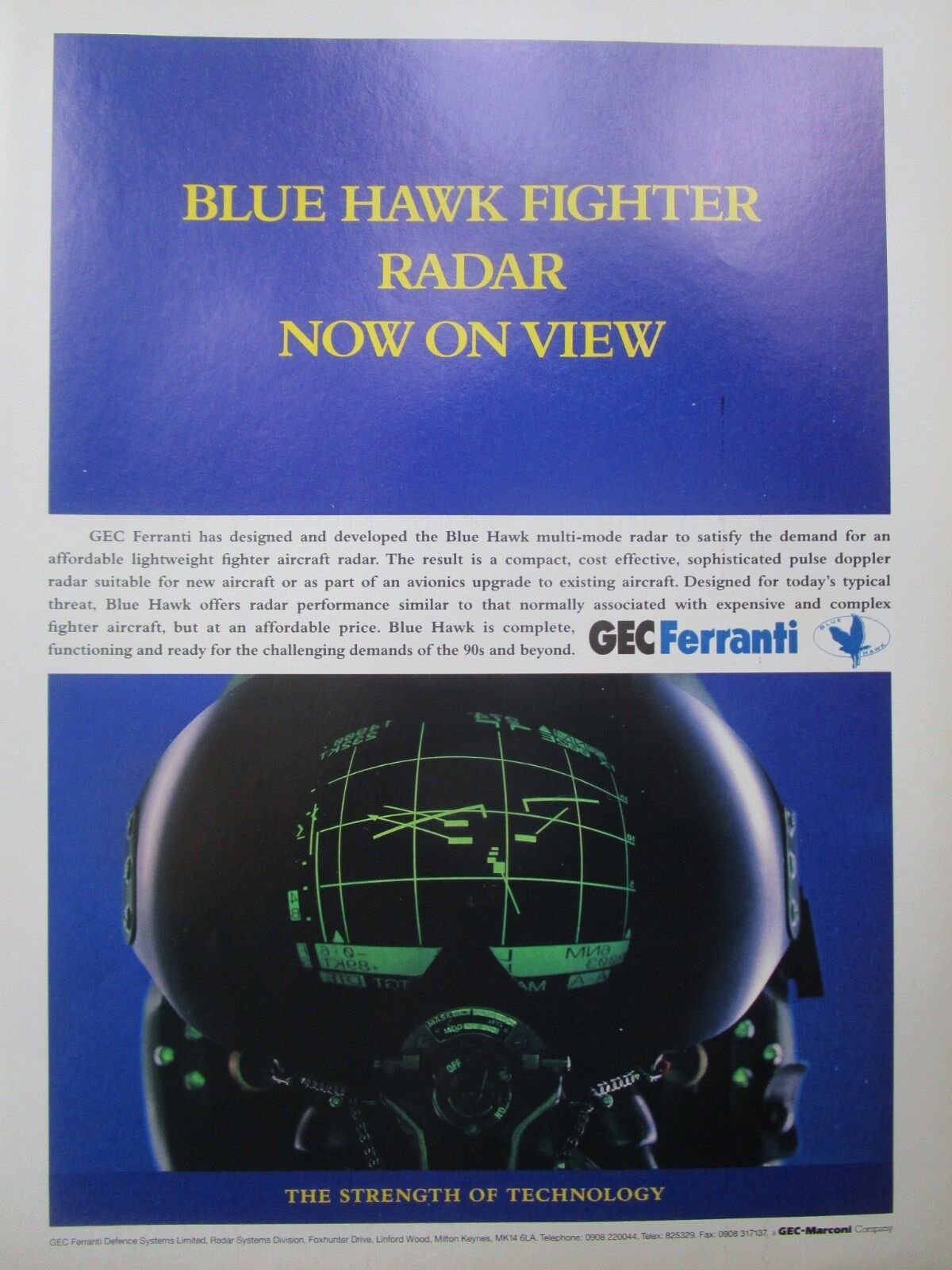 11/1992 PUB GEC FERRANTI BLUE HAWK MULTI-MODE RADAR ORIGINAL AD