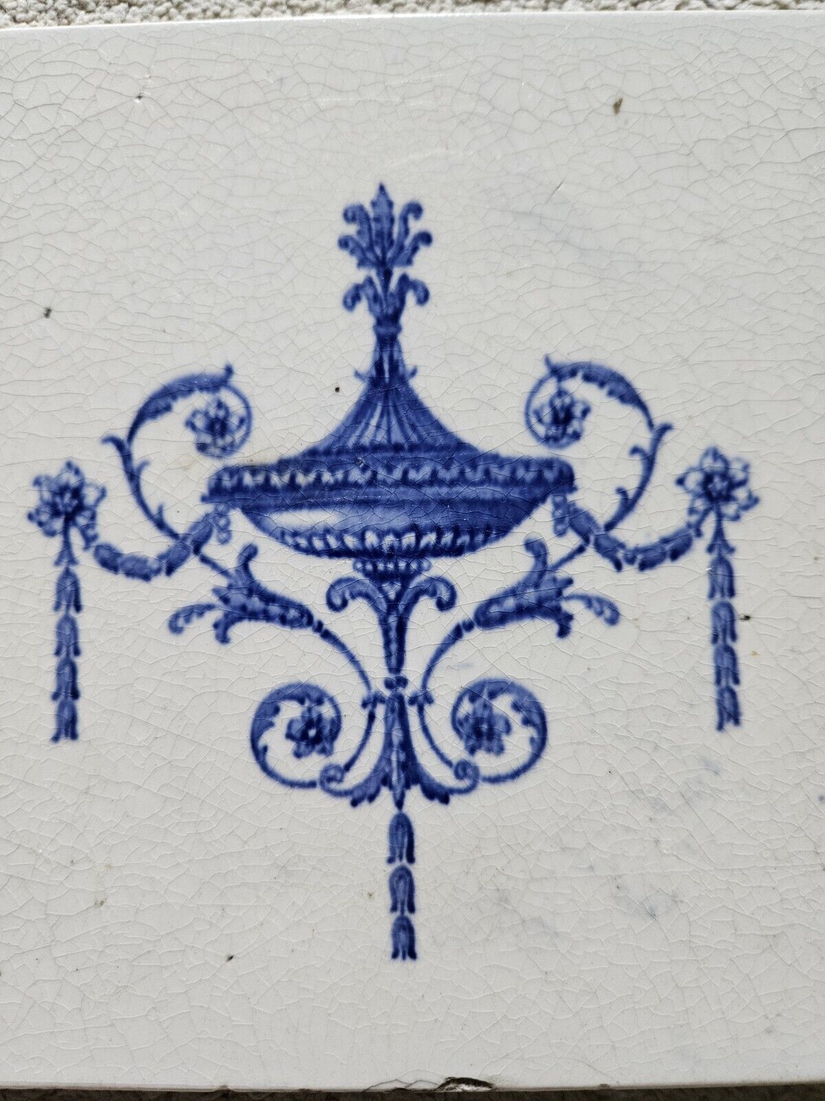 1800 Blue Transferware White Base Tile Fancy Chandelier Scrolls England