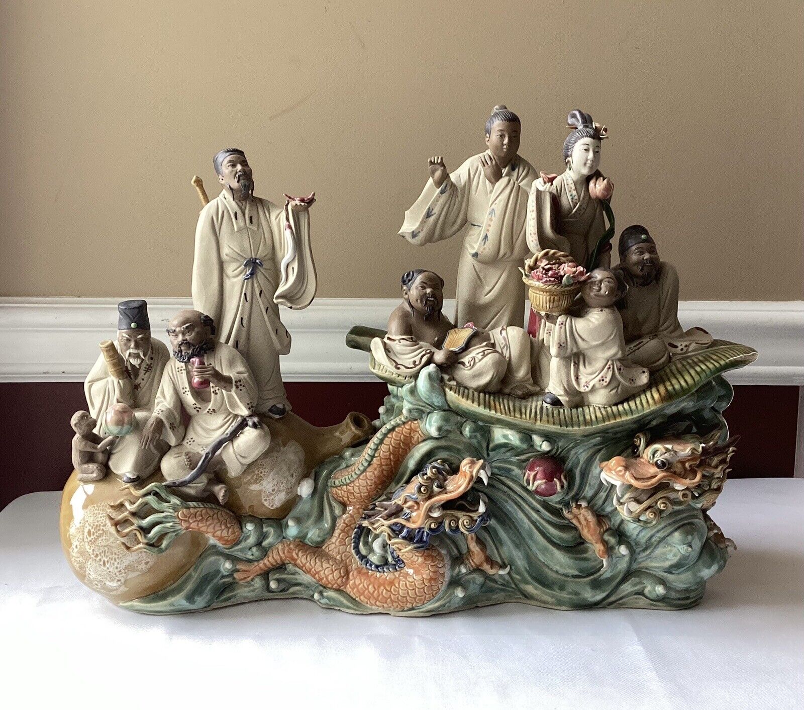 Chinese Wucai Porcelain 8 Immortals & Dragons Figurine, Foshan, Guangdong, 18” L
