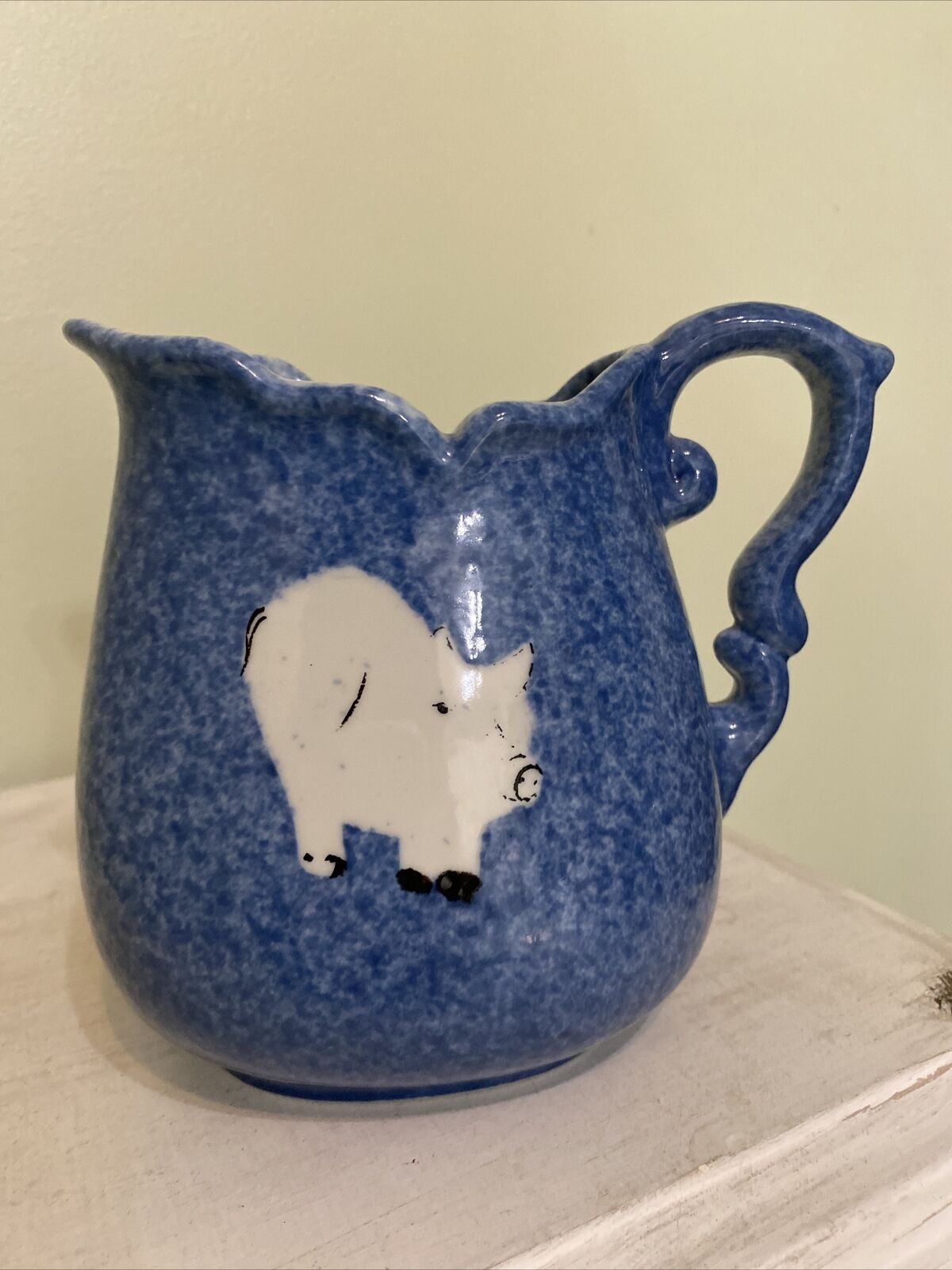 Calico China Blue Sponge Ware Pig  Ironstone Country Handle Pitcher
