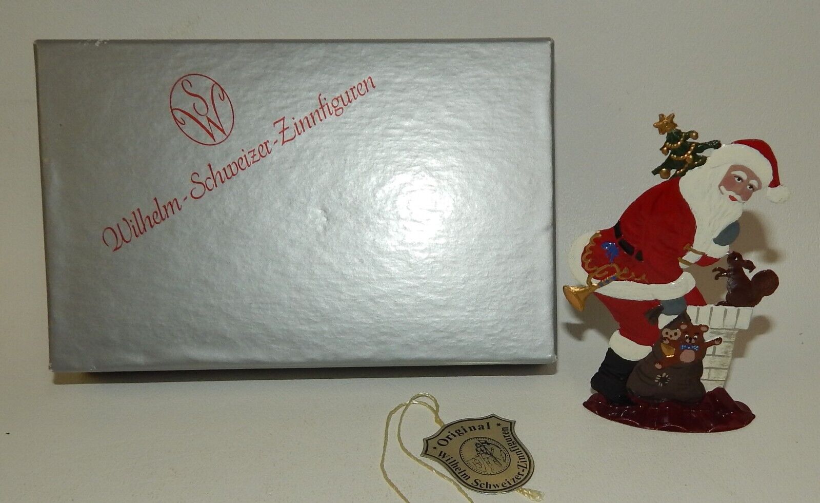 Wilhelm Schweizer Pewter Santa Claus w Toys Chimney - Mint in Box