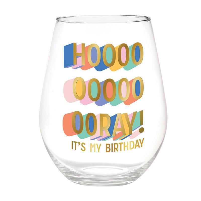 Jumbo Stemless Wine Glass Hoooray Birthday Size 4in x 5.7in h, 30 oz Pack of 4