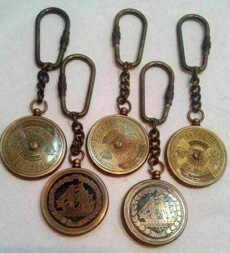 Calendar Brass Key Perpetual Keychain Nautical Chain Antique Years Vintage set 5