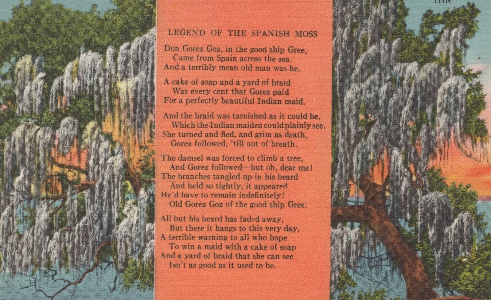 Legend of the Spanish Moss Poem with Background Foliage Linen Vintage Post Card