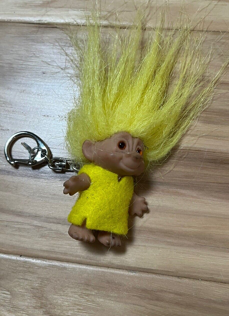 Vintage 90\'s Russ TROLL with dress yellow hair keyring key chain keychain 1.5\