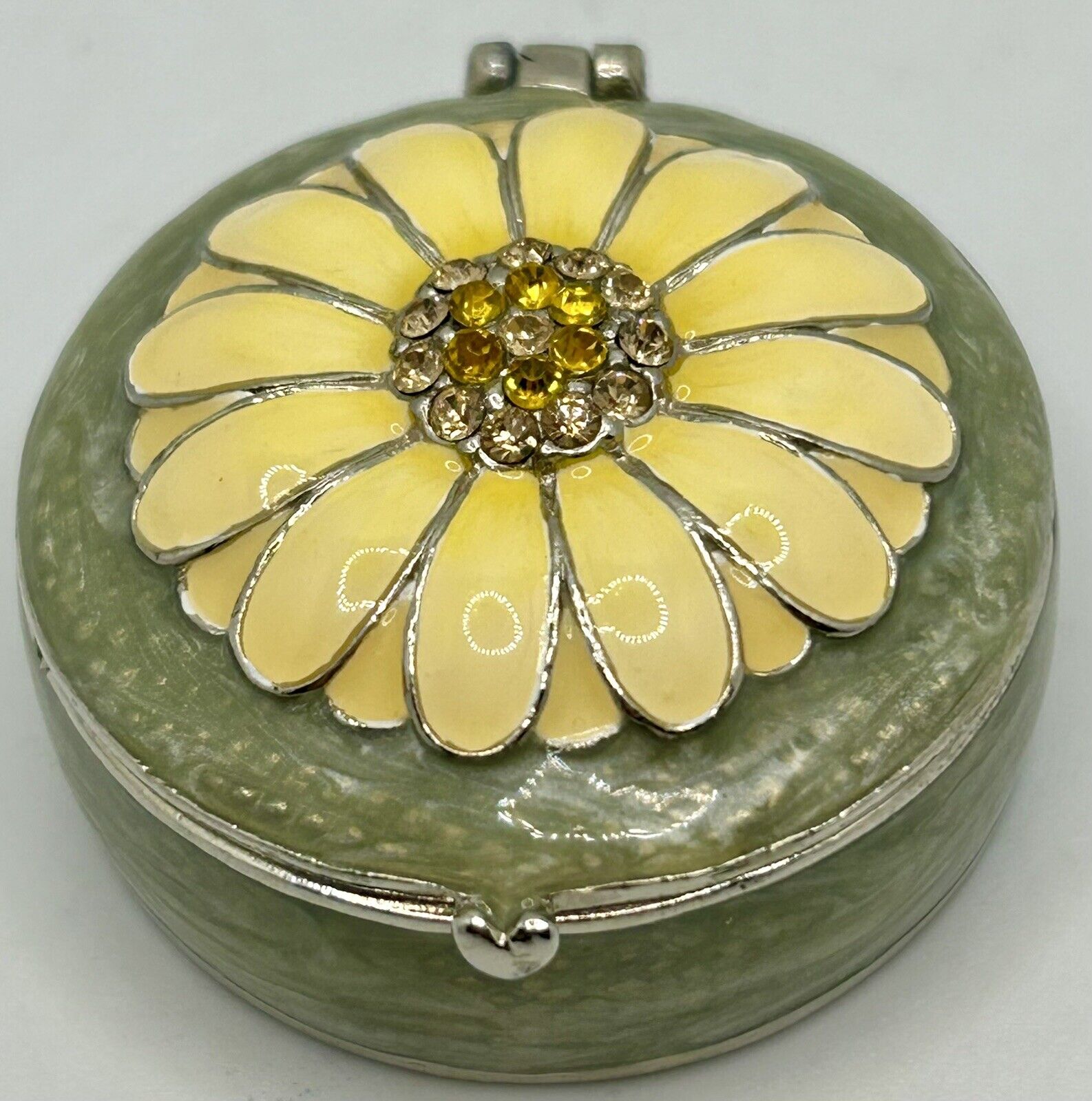 Vintage Monet Trinket Pill Box Yellow Flower Ring Enamel Crystal Rhinestone