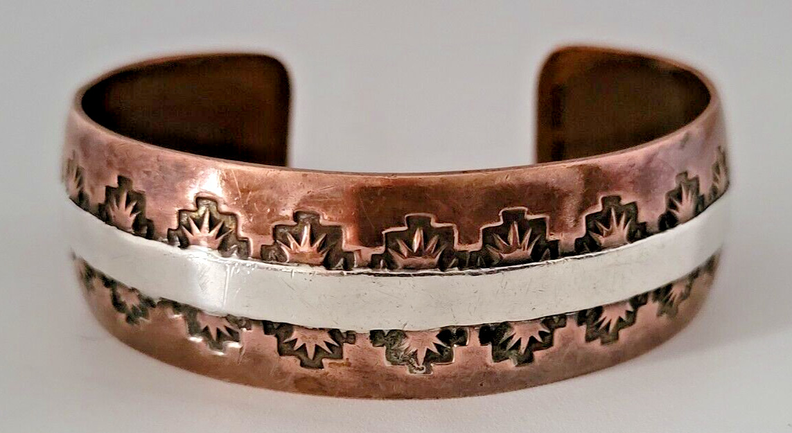 Vintage Navajo Denna Platero Copper And Sterling Hand Stamped Cuff Bracelet