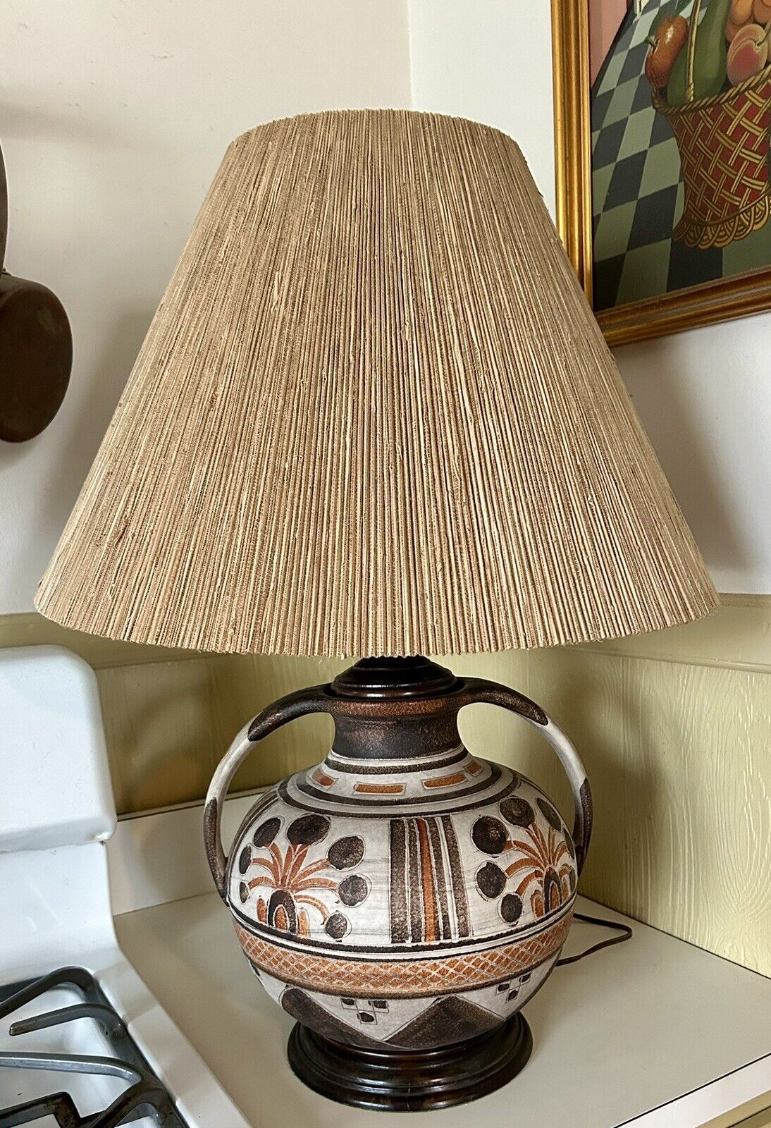Vintage Mid Century Modern Italica ARS Pottery Bulbous Lamp w/Shade 27” Tall EUC