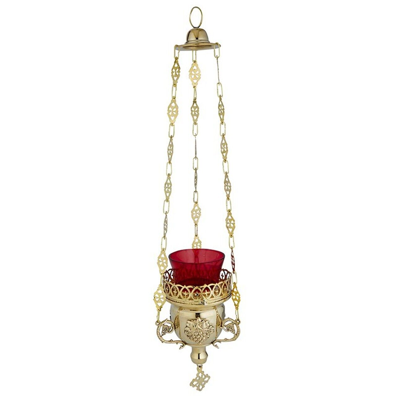 Ornate Embossed Brass Hanging Red Globe Sanctuary Lamp for Church 13 In