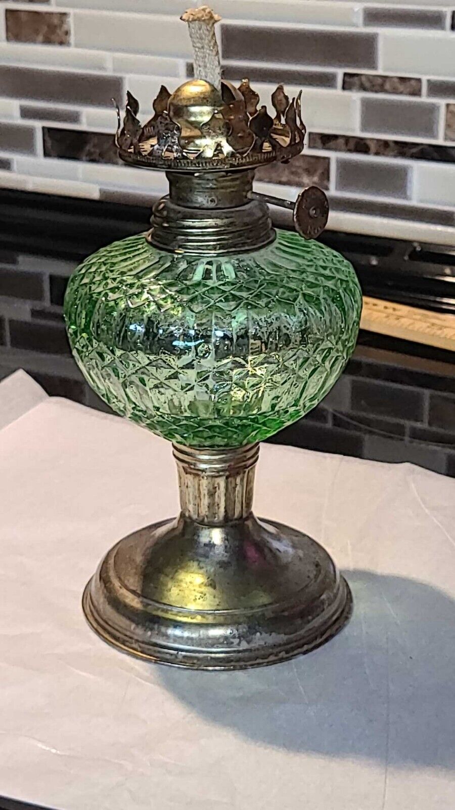 Vintage Ribbed Green Glass Oil Lamp Hong Kong