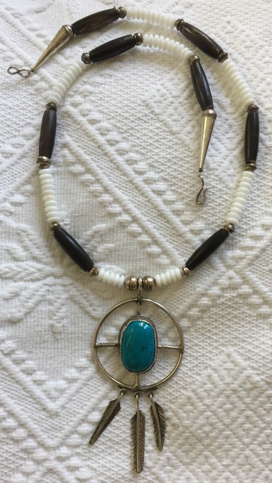 Vintage Tony Aguilar Sterling Silver Turquoise Feather Medicine Wheel Necklace