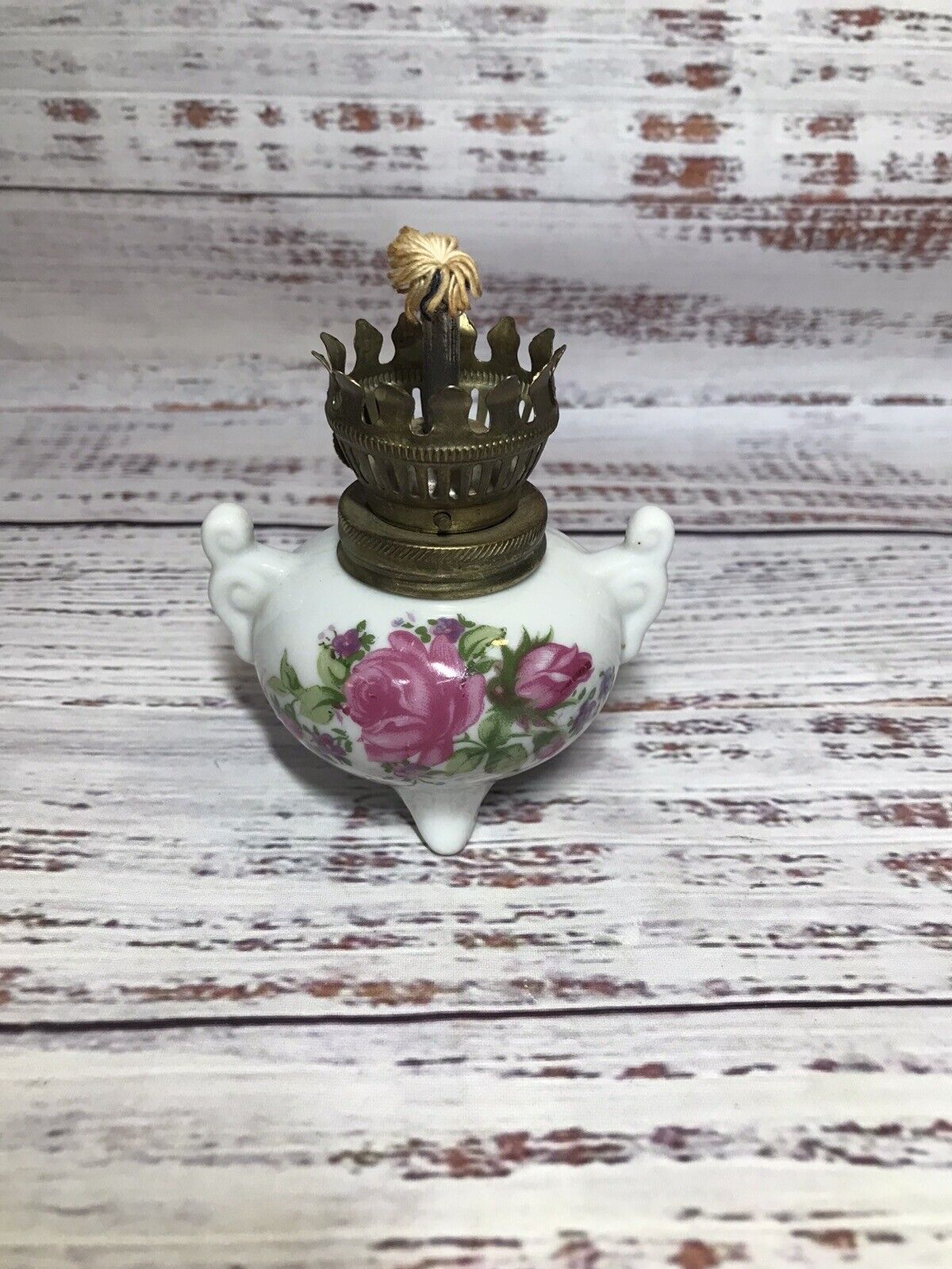Vintage Mini 3 Footed Ceramic Porcelain Oil Lamp Pink Floral Design No Shade