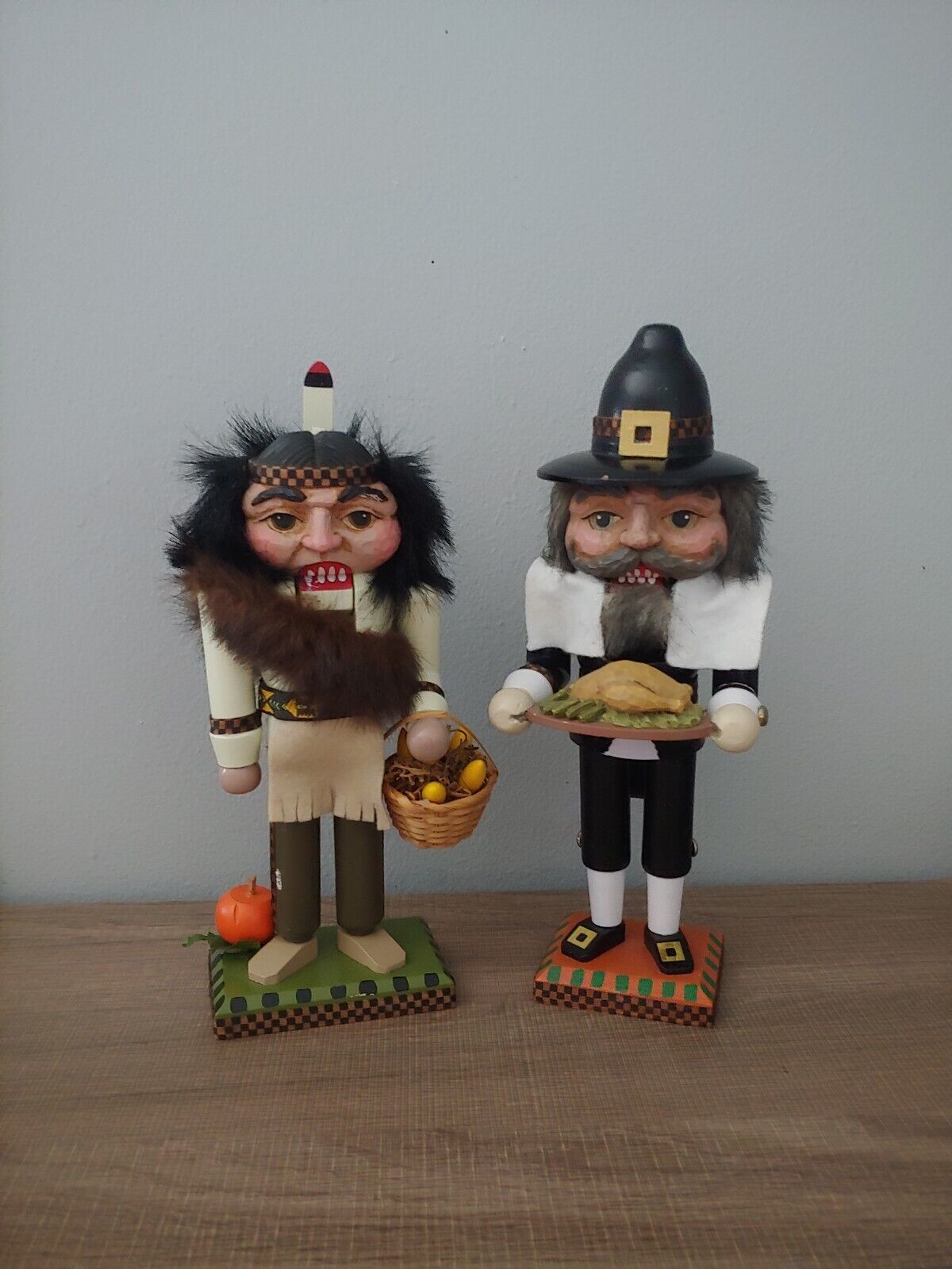 Vintage BRN Designs Pilgrim & Native American Thanksgiving Carved Nutcracker Set