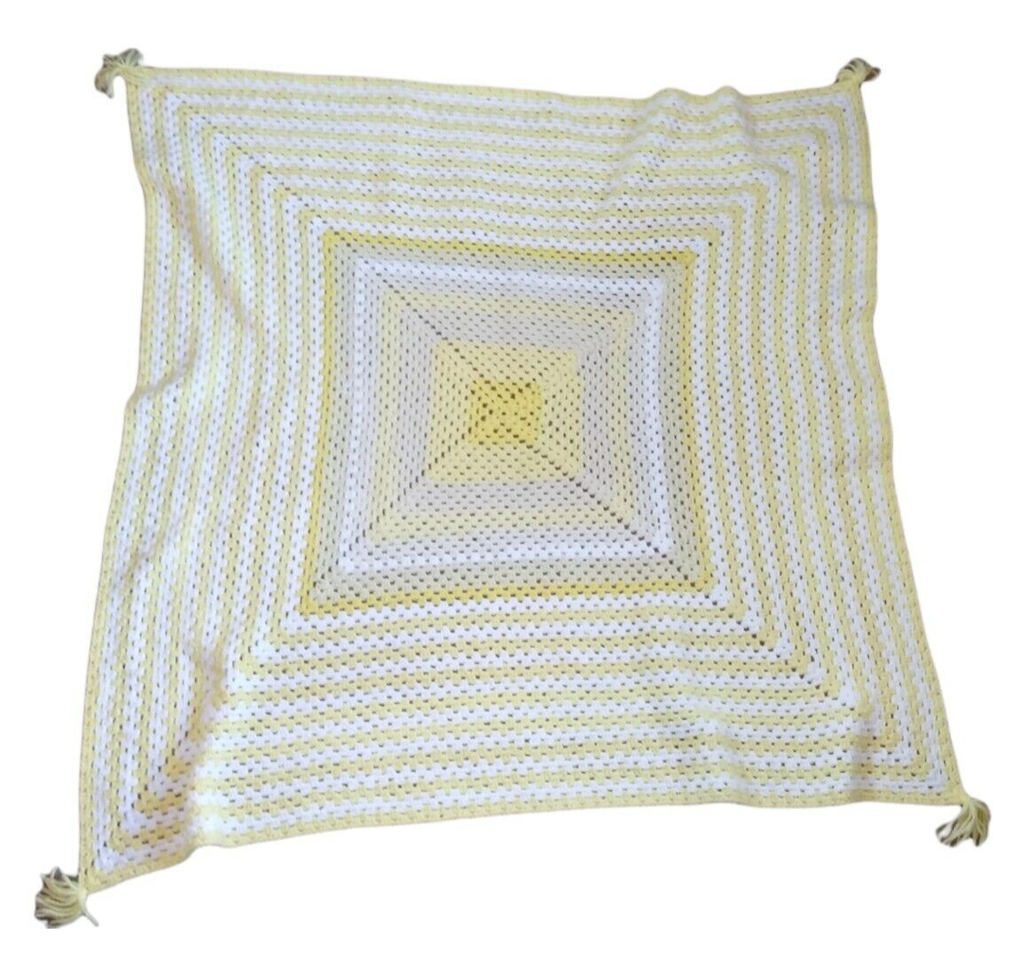 Hand Knit Crochet Afghan Lap Throw Blanket Vintage Yellow White Tassels