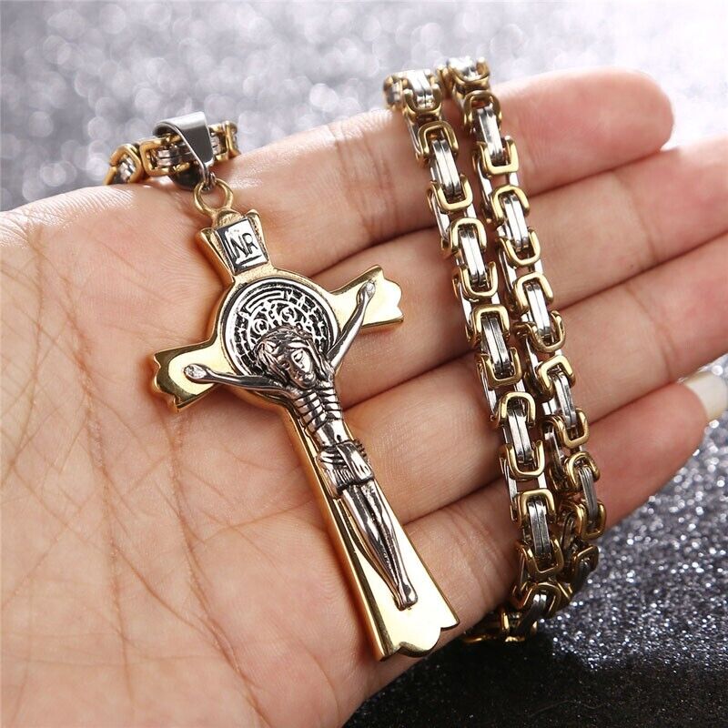 Stainless Steel Saint Catholic Benedict Crucifix Cross Pendant Necklace for Men