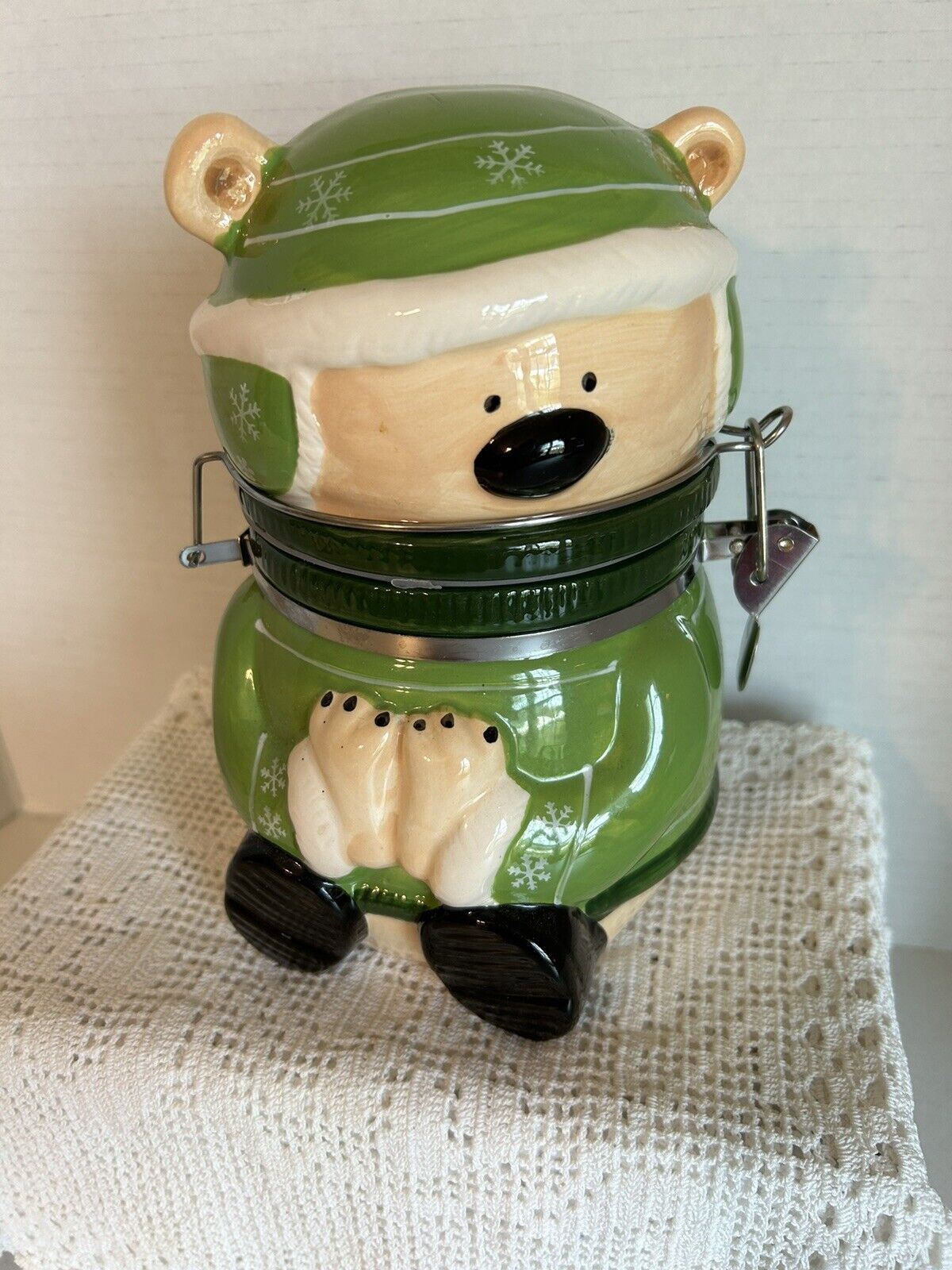 Conagra Swiss Miss Teddy Bear with Green Sweater sealed Container Jar
