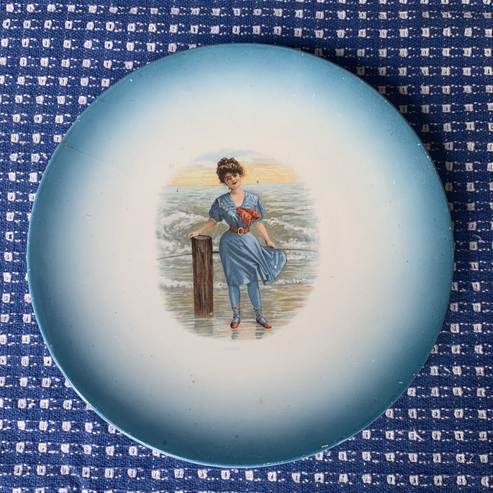 Vintage Sevres Porcelain Plate Blue With Swimmer Girl 8.25”