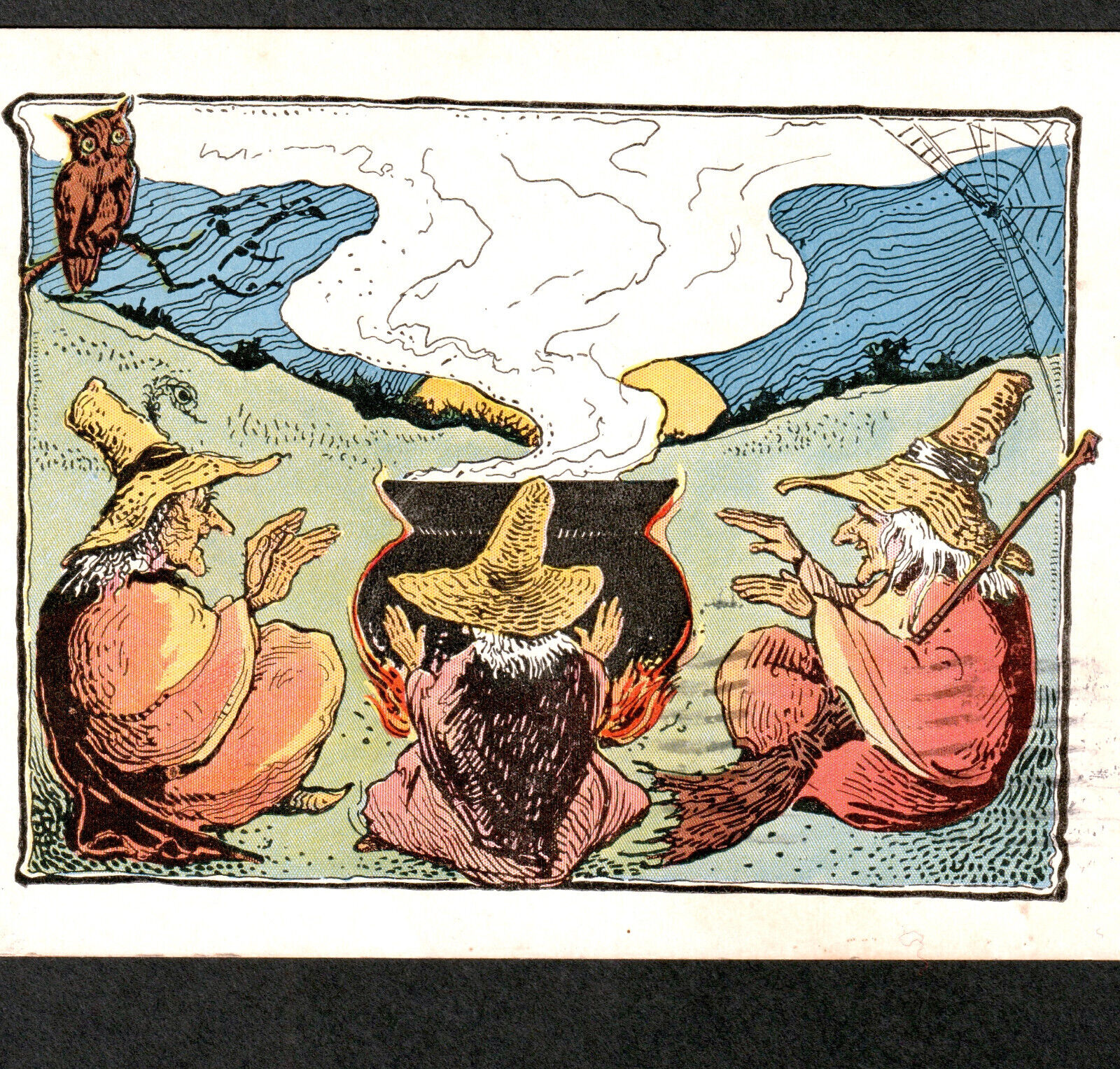 Halloween 1910 Texas 3 Witches Around A Cauldron Owl UN14 Spider SCARCE PostCard