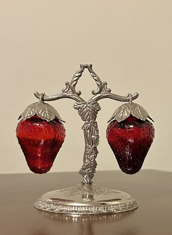 Vintage 1960s Red Glass Hanging Strawberry Salt & Pepper Shakers Metal Stand