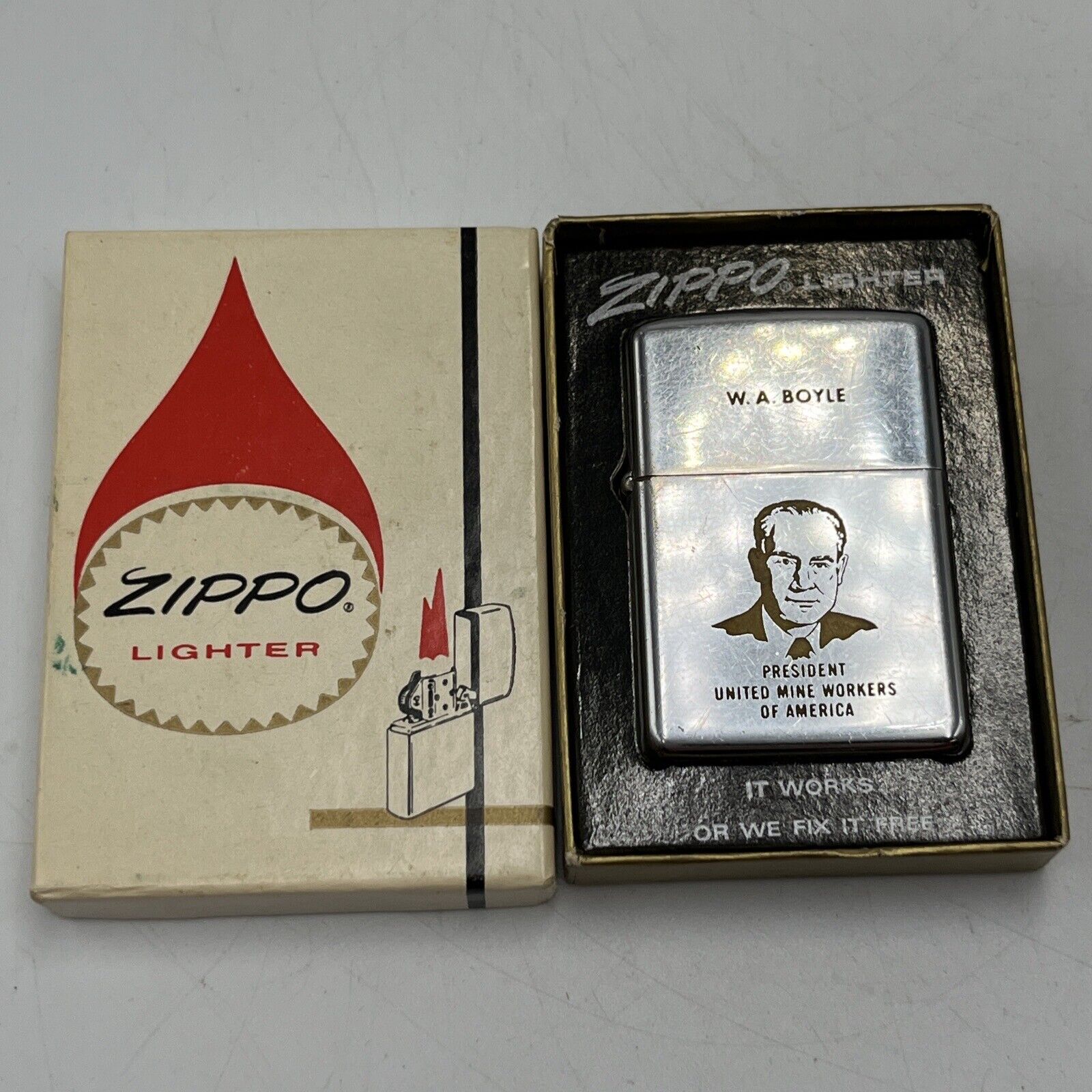 Vintage 1968 Zippo Lighter BOYLE PRESIDENT UNITED COAL MINE WORKERS UMWA